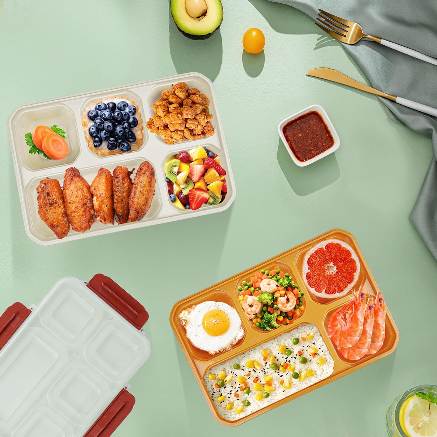 4 Pack Snack Containers, Reusable 5 Compartments Bento Snack Box, Meal Prep Lunch Containers for School Work Travel, Divided Food Storage for Kids Adults