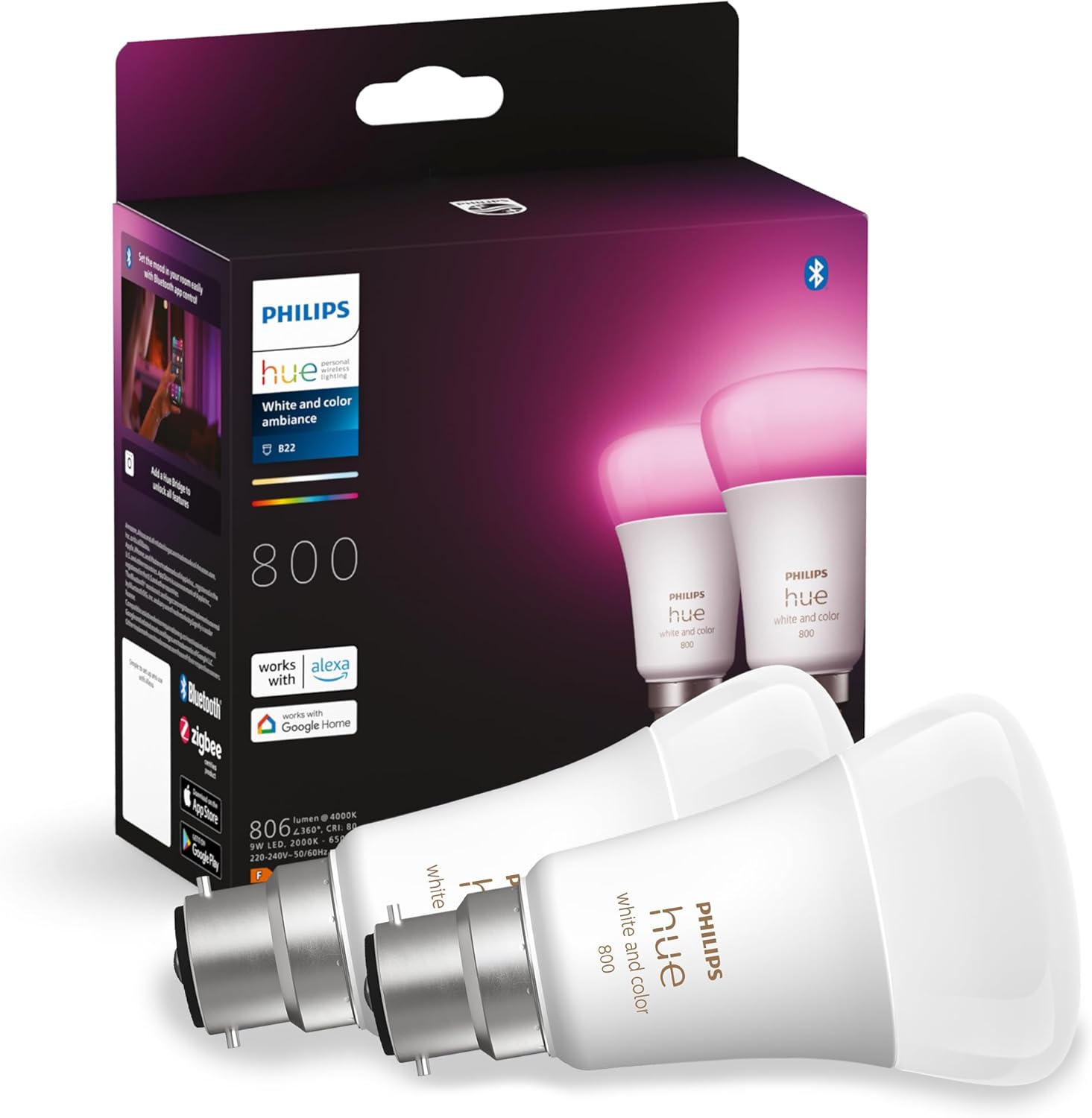 White and Colour Ambiance Smart Bulb Twin Pack LED [B22 Bayonet Cap] - 806 Lumens 60W Equivalent. for Home Indoor Lighting, Livingroom and Bedroom, 2 Count (Pack of 1)