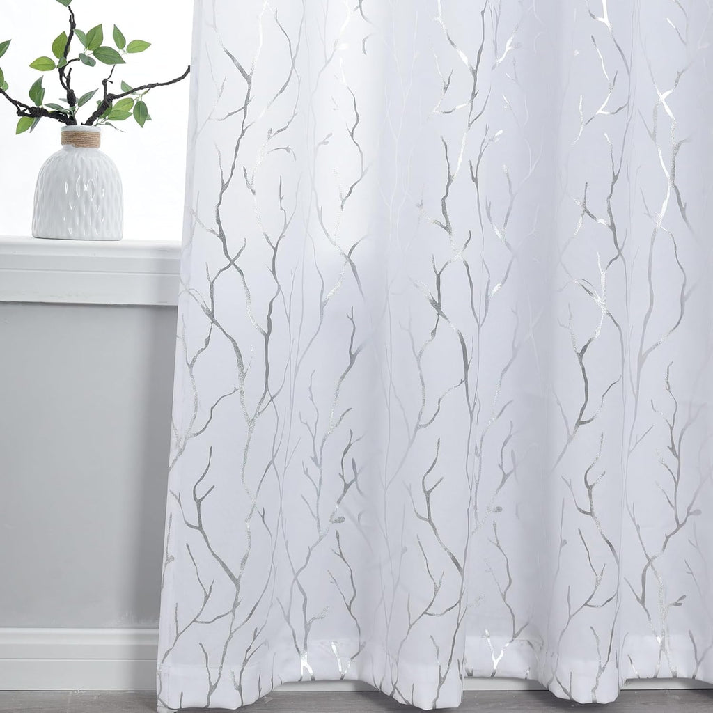 Kotile Silver Tree Branch Curtains 63 Inch Length, Metallic Shimmer White Curtains for Bedroom, Grommet Top Privacy Semi-Sheer, 52 x 63 Inch, 2 Panels
