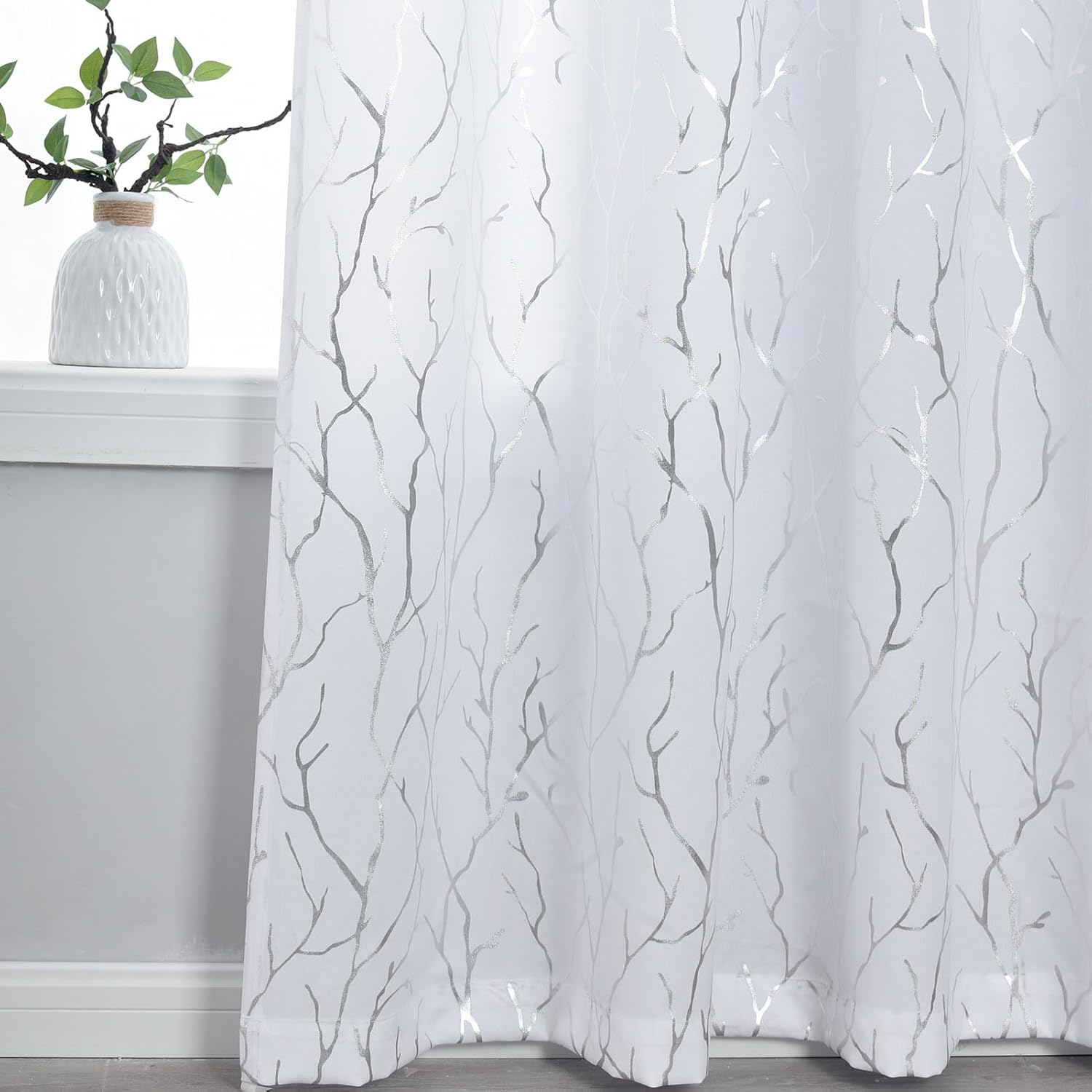 Kotile Silver Tree Branch Curtains 63 Inch Length, Metallic Shimmer White Curtains for Bedroom, Grommet Top Privacy Semi-Sheer, 52 x 63 Inch, 2 Panels