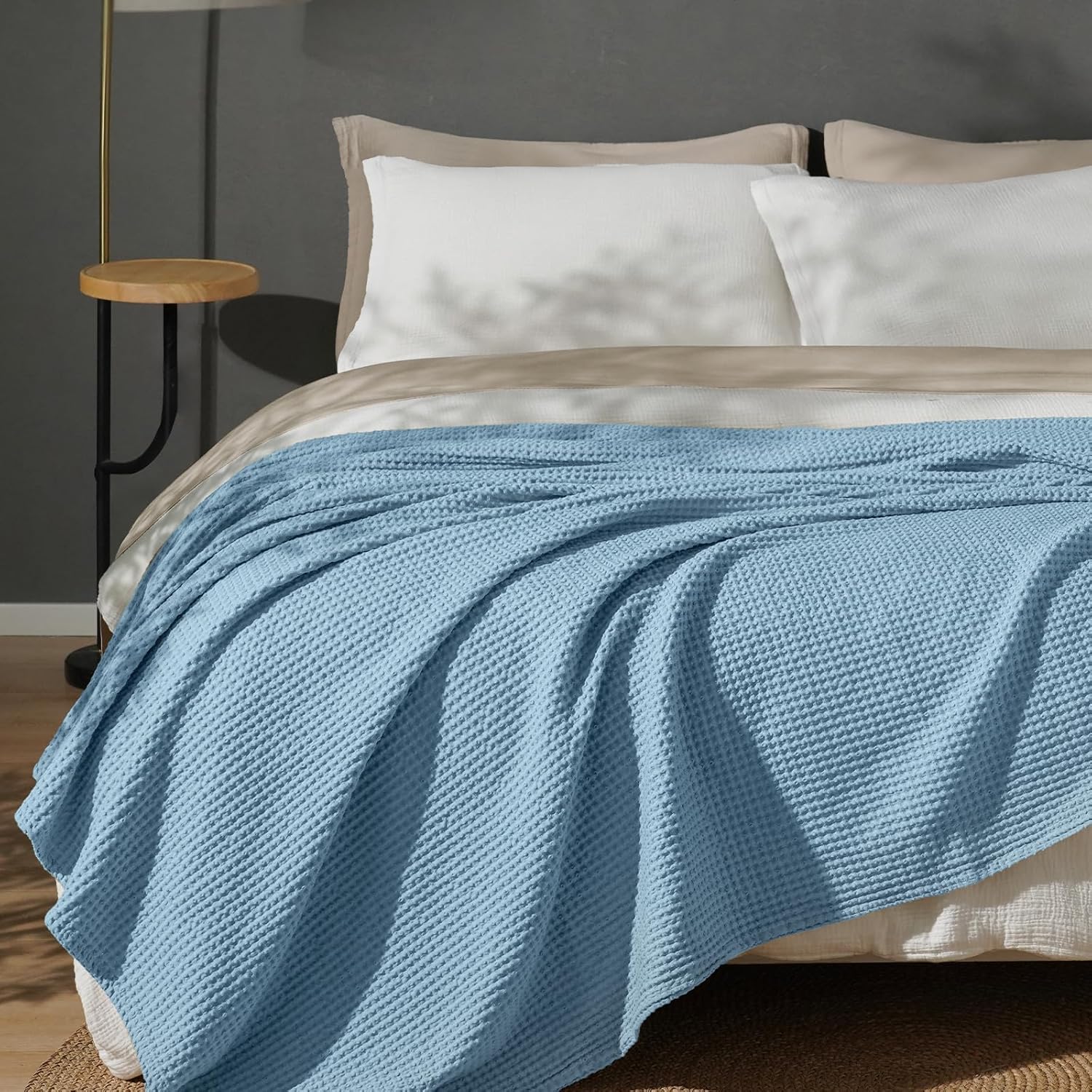 100% Cotton Waffle Weave Blanket SuperKing Size 230 x 270cm, Pre-Washed Lightweight Breathable Throw Blanket, Oeko-TEX Certified for Bed Couch Sofa, Home Decor, Dusty Blue
