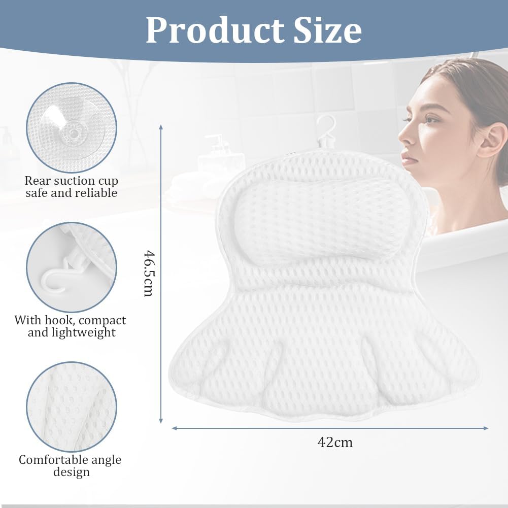 Bath Pillow, 4D Luxury Bath Bathtub Pillow for Head, Neck, Shoulder and Back Support, Ergonomic Breathable Mesh SPA Tub Pillow with 6 Powerful Suction Cups, Fits all Bathtub