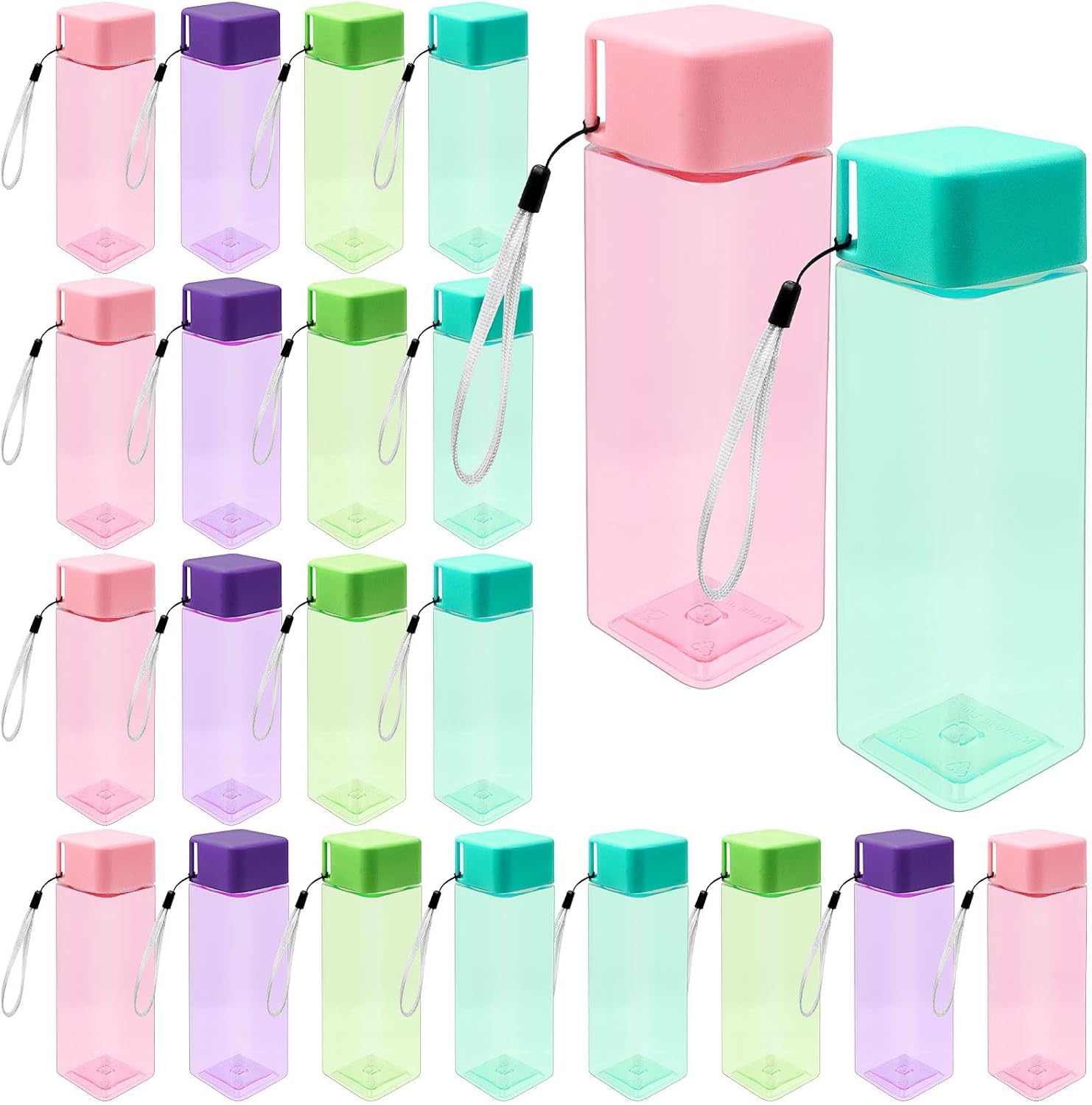 20 Pack Kids Plastic Water Bottle Bulk 500ml Sport Water Bottle, Reusable Square Drink Bottles, Lightweight Leakproof Beverage Bottles with Handle Strap for School, Gym, Outdoor Fitness, Travel