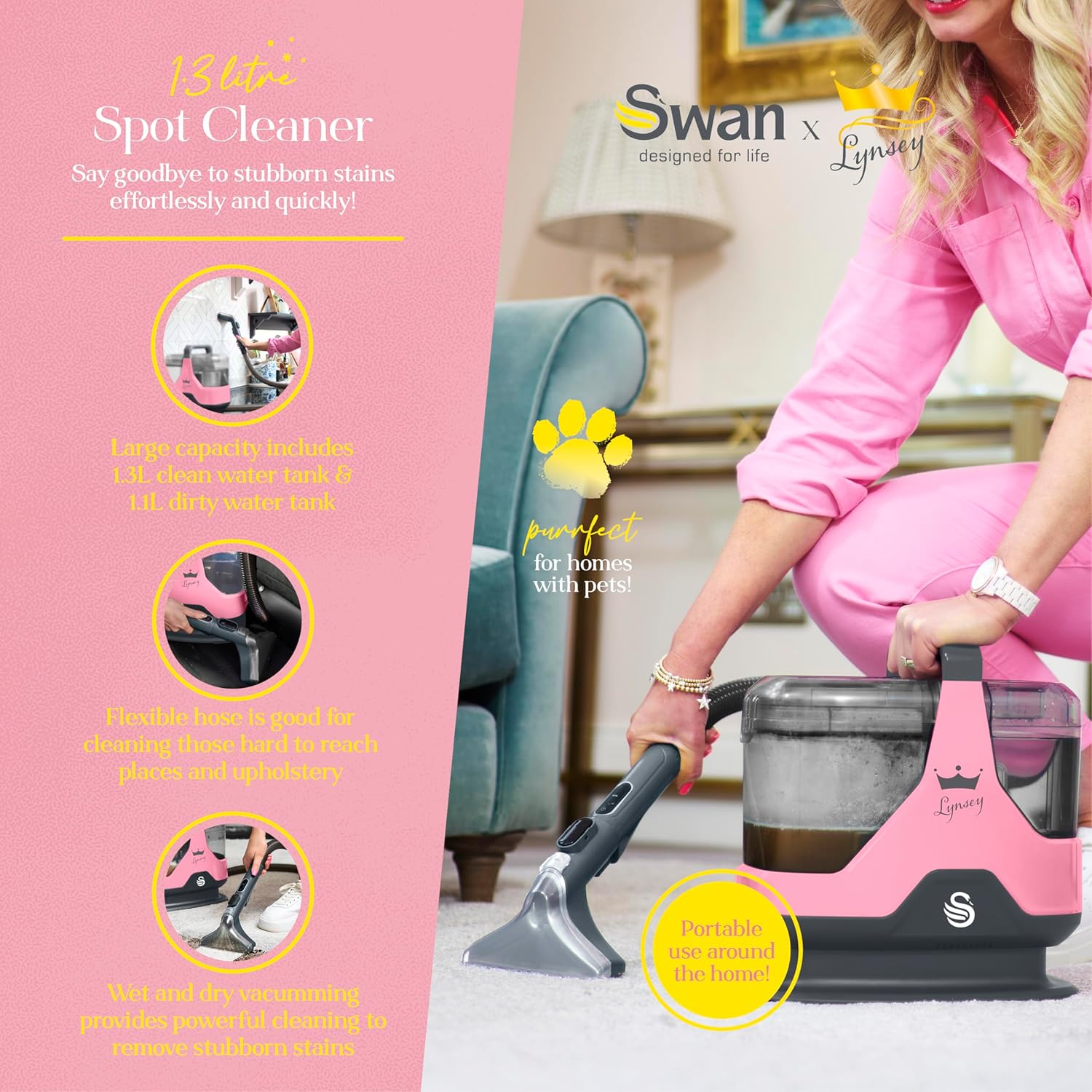 SC18411QOC TV’s Queen of Clean Spot Cleaner with Auto-Stopping Function, Flexible Hose, and Interchangeable Heads, 600W, Pink
