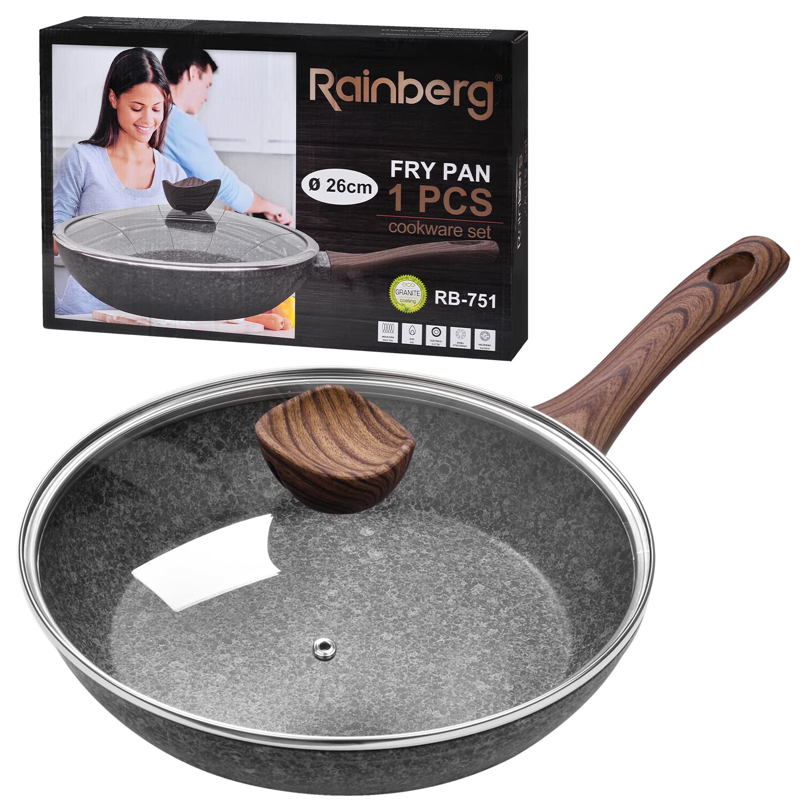 26CM Frying Pan with Lid, Granite Nonstick Frying Pans with Lid, Stone Frying Pan, Induction Compatible (26CM)