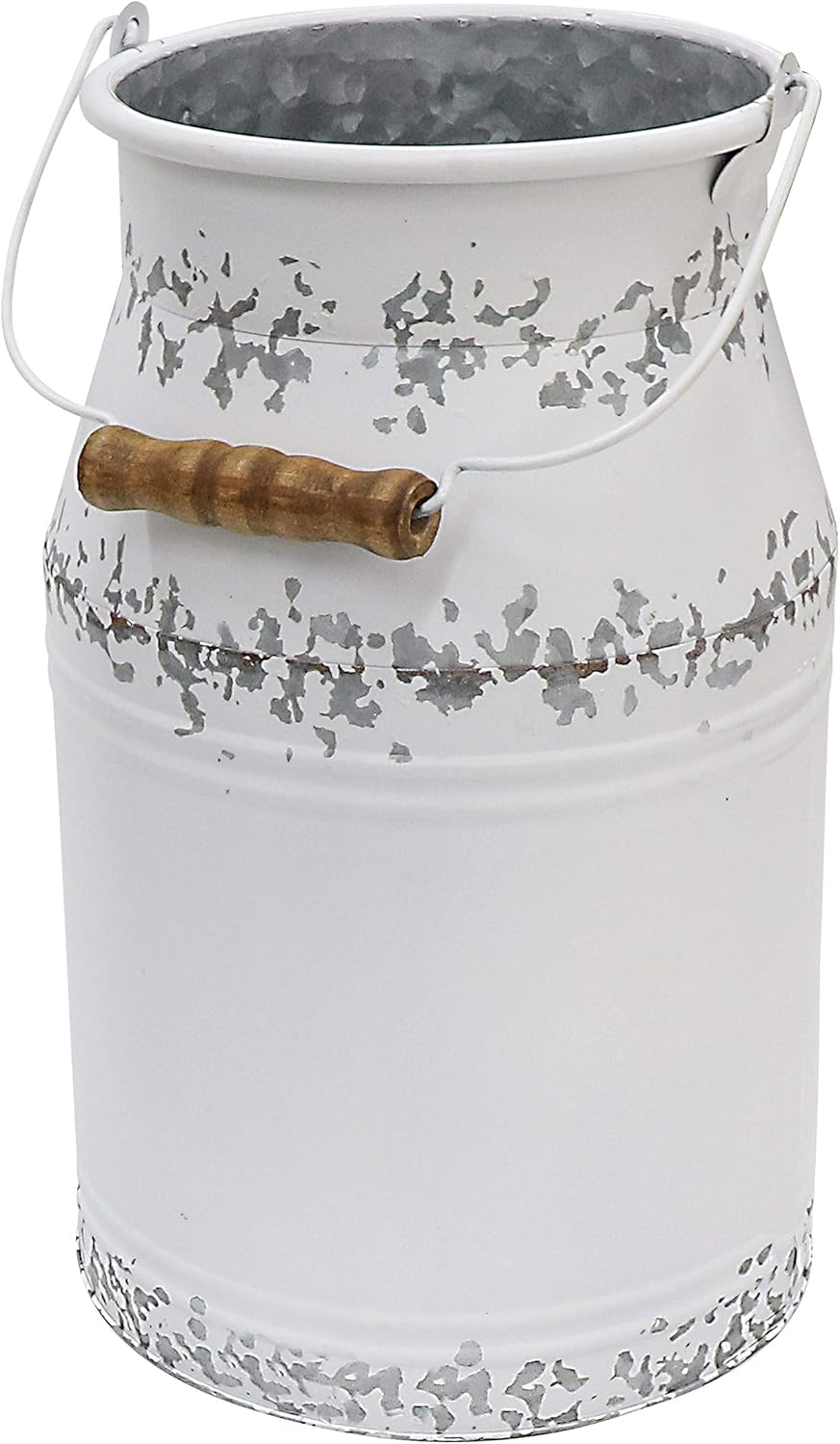 Metal Big Cow Galvanized Milk Can with Wooden Handle, Rustic White Farmhouse Vase Planter, Primitive Decorative Flower Holder for Home Wedding Table Centerpiece Decor Large - 11"