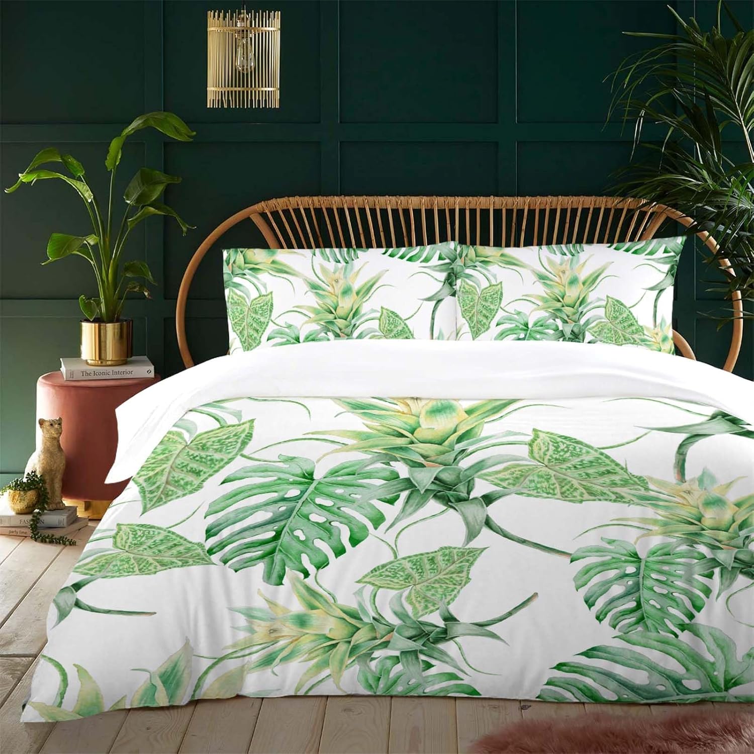 Palm Leaf Simple Light Green White King Size Duvet Cover Sets for Kids Adults,Plants King Size Bedding 3pc Bedspread Palm Leaf Bed Set,230X220cm