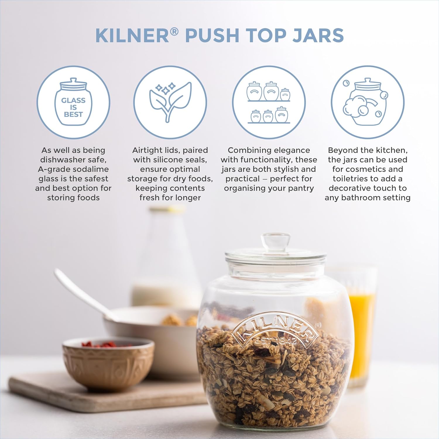 Universal Jar Push-Top Lid 2 Litre Glass Food Container with Silicone Seal Kitchen Pantry Storage for Dry Food Biscuits Sweets and Treats