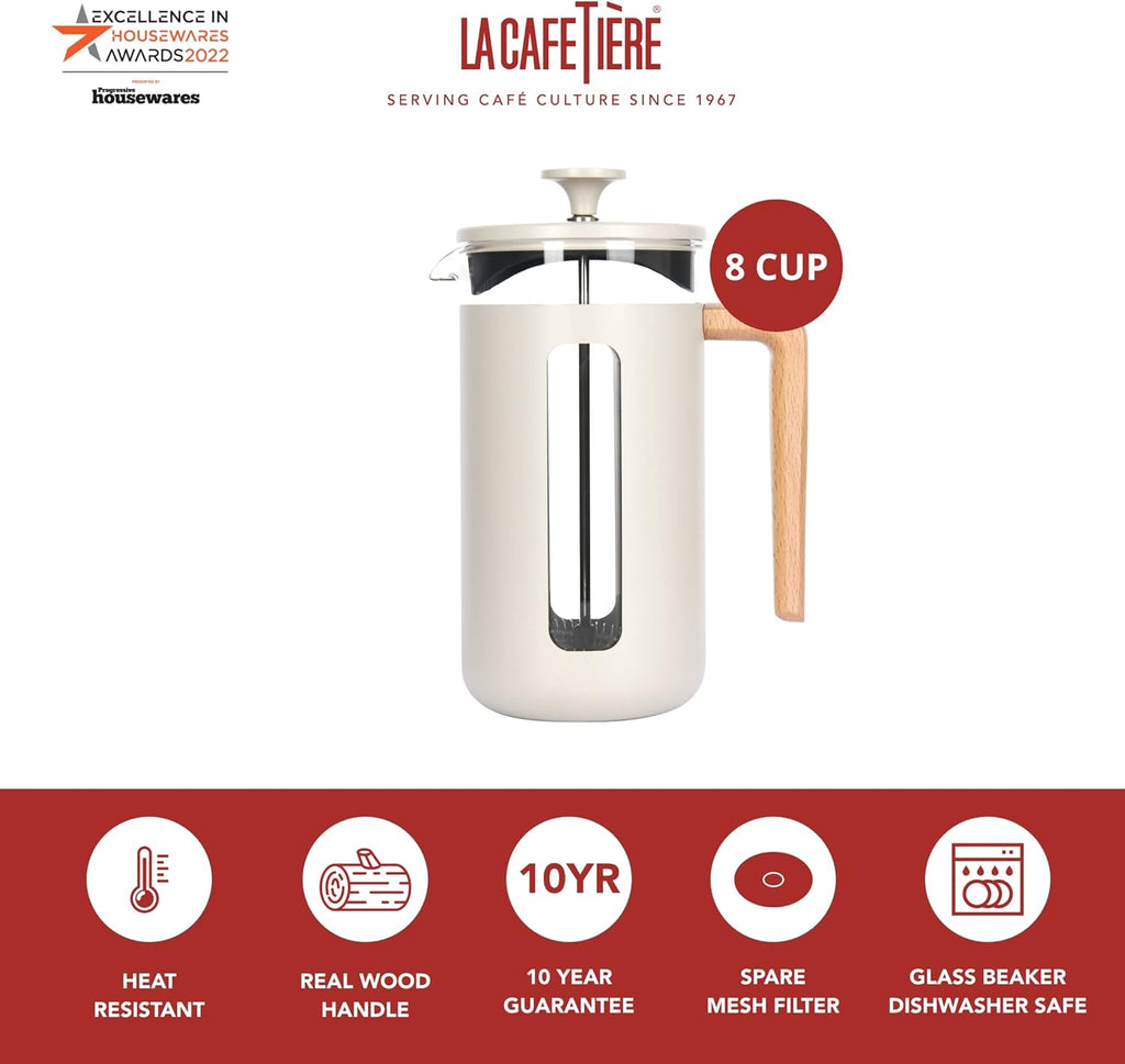 Pisa Stainless Steel Cafetière, Eight Cup, Latte, Gift Boxed, Cream
