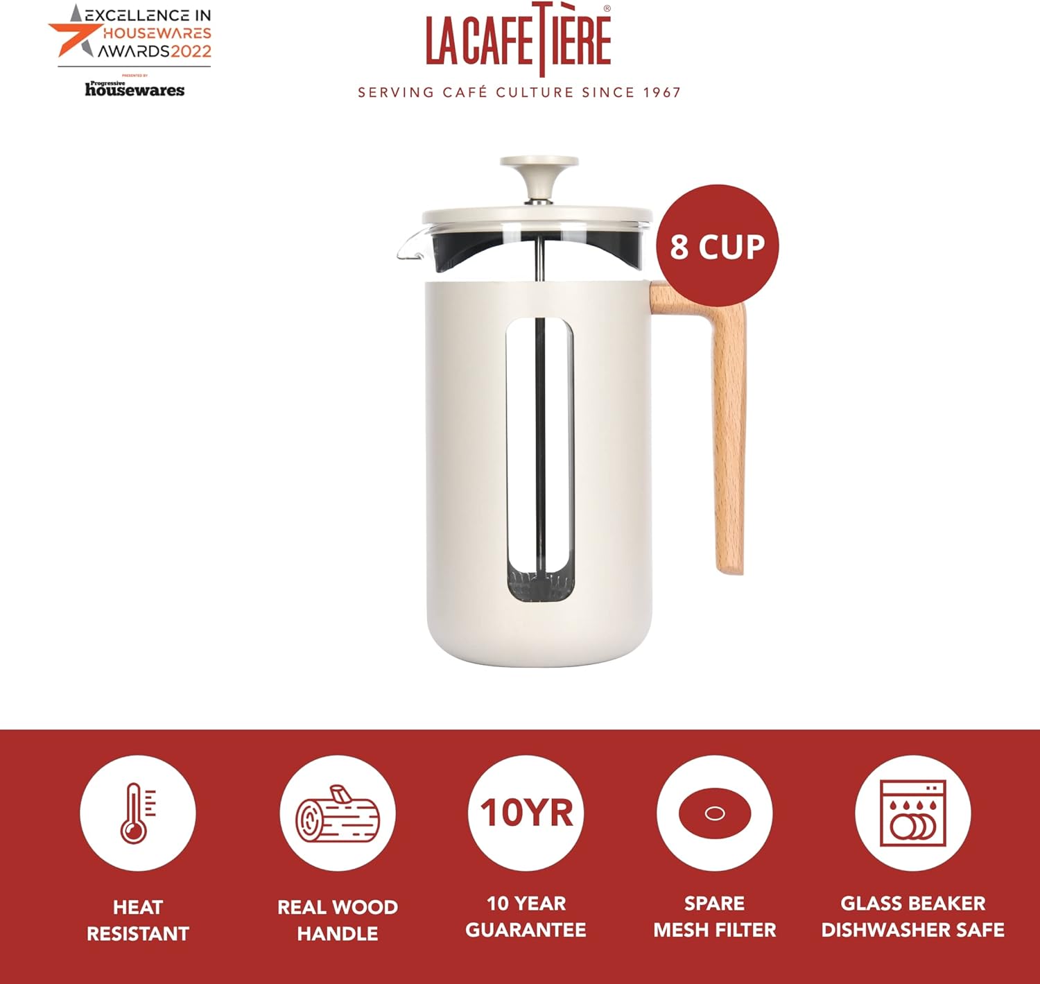 Pisa Stainless Steel Cafetière, Eight Cup, Latte, Gift Boxed, Cream