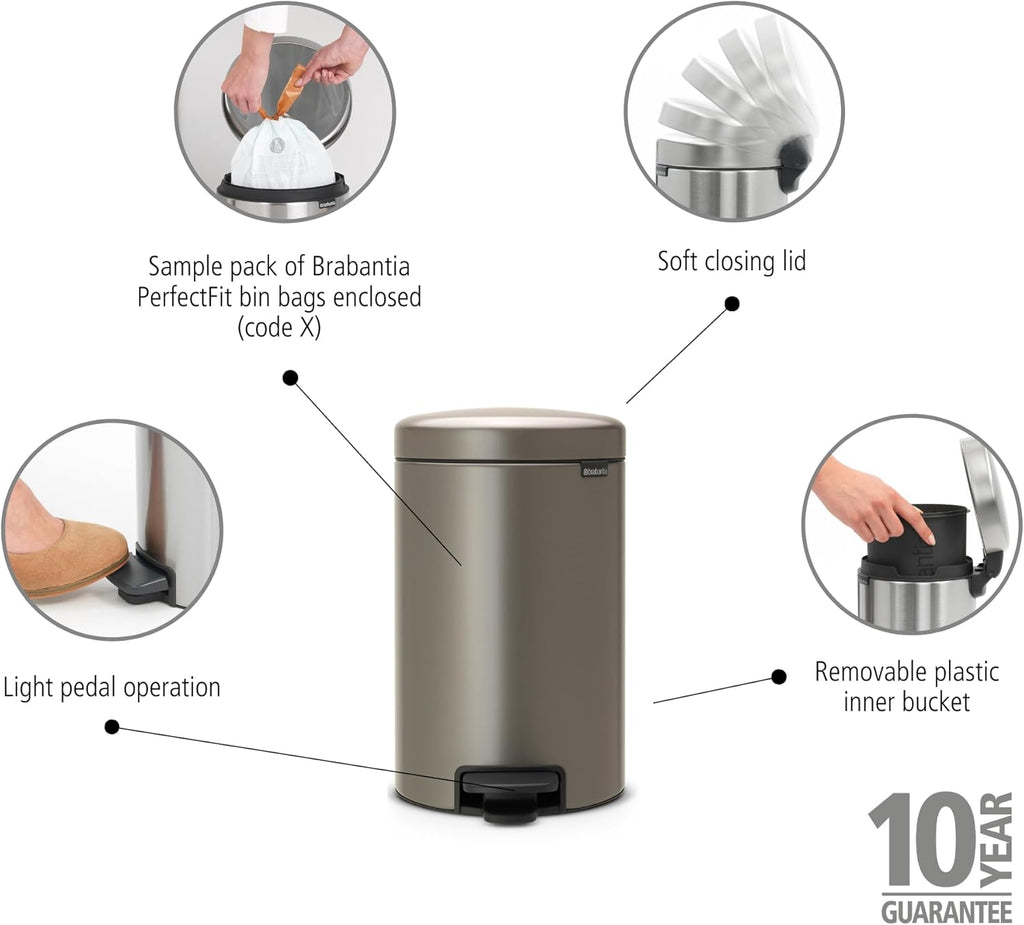 NewIcon Pedal Bin 12L (Platinum) Soft-Closure Rubbish Waste Bin, Removable Inner Bucket + Bin Bags