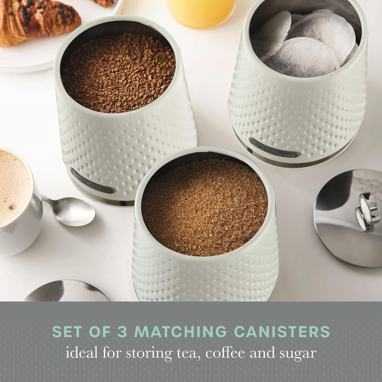 Elegance SWKA18533WHT Set of 3 Kitchen Storage Canisters for Tea, Coffee, and Sugar with Textured Gloss Finish and Stainless Steel Accents, 1.3L, White