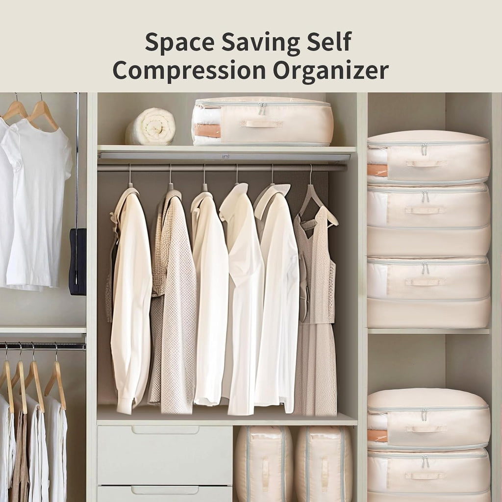 Space-Saving Compression Storage Bags - 2 Pack Foldable Duvet Storage Organisers Large Compression Packing Cubes with Clear Window for Moving, Dorm, Down Jackets, Clothes, Bedding (Beige)