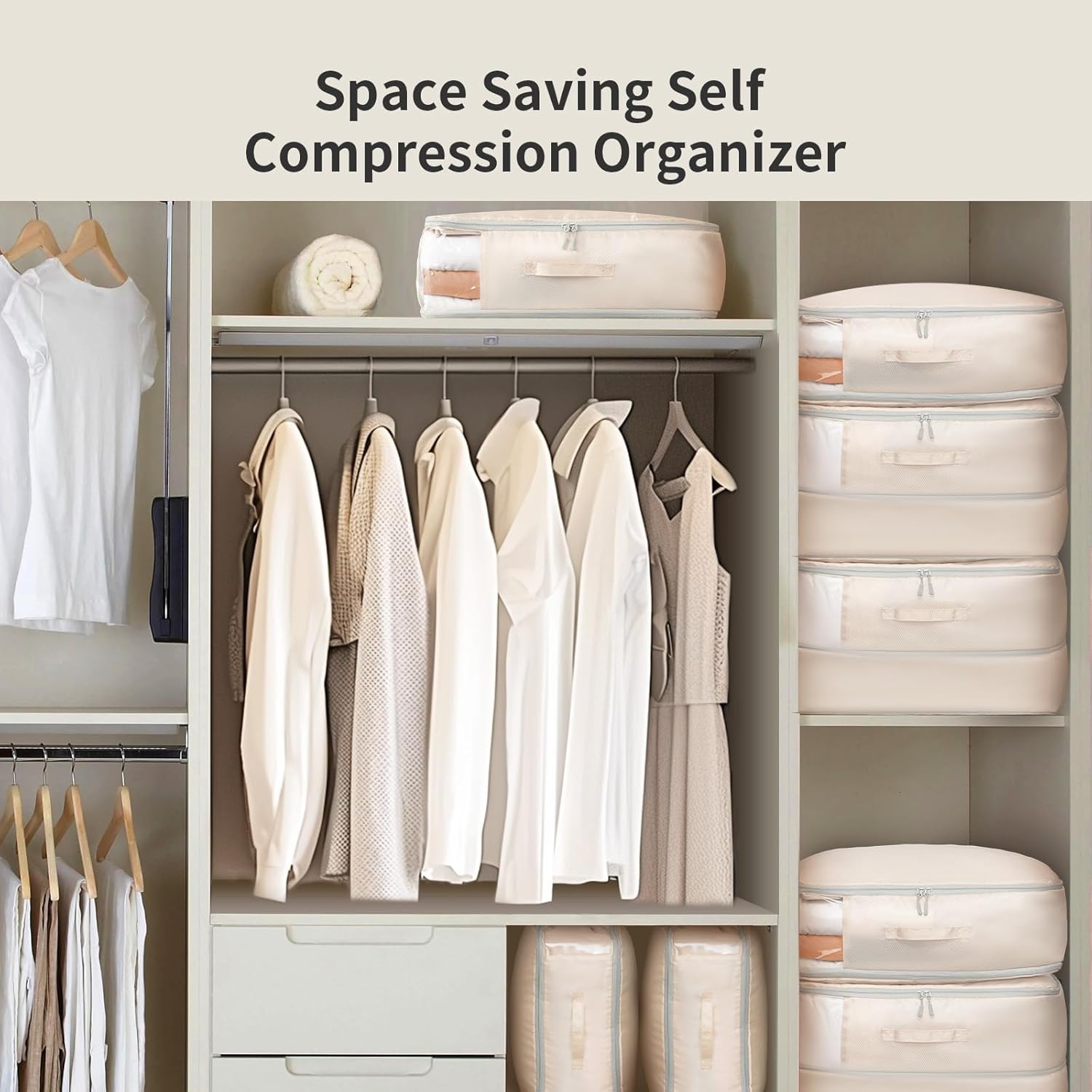 Space-Saving Compression Storage Bags - 2 Pack Foldable Duvet Storage Organisers Large Compression Packing Cubes with Clear Window for Moving, Dorm, Down Jackets, Clothes, Bedding (Beige)