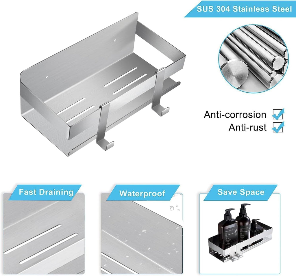 Shower Caddy,Bathroom Shelf Wall Mounted SUS 304 Stainless Steel Heavy Duty Shower Shelf With 2 pcs Hooks（Brushed Silver 15.8 Inch）