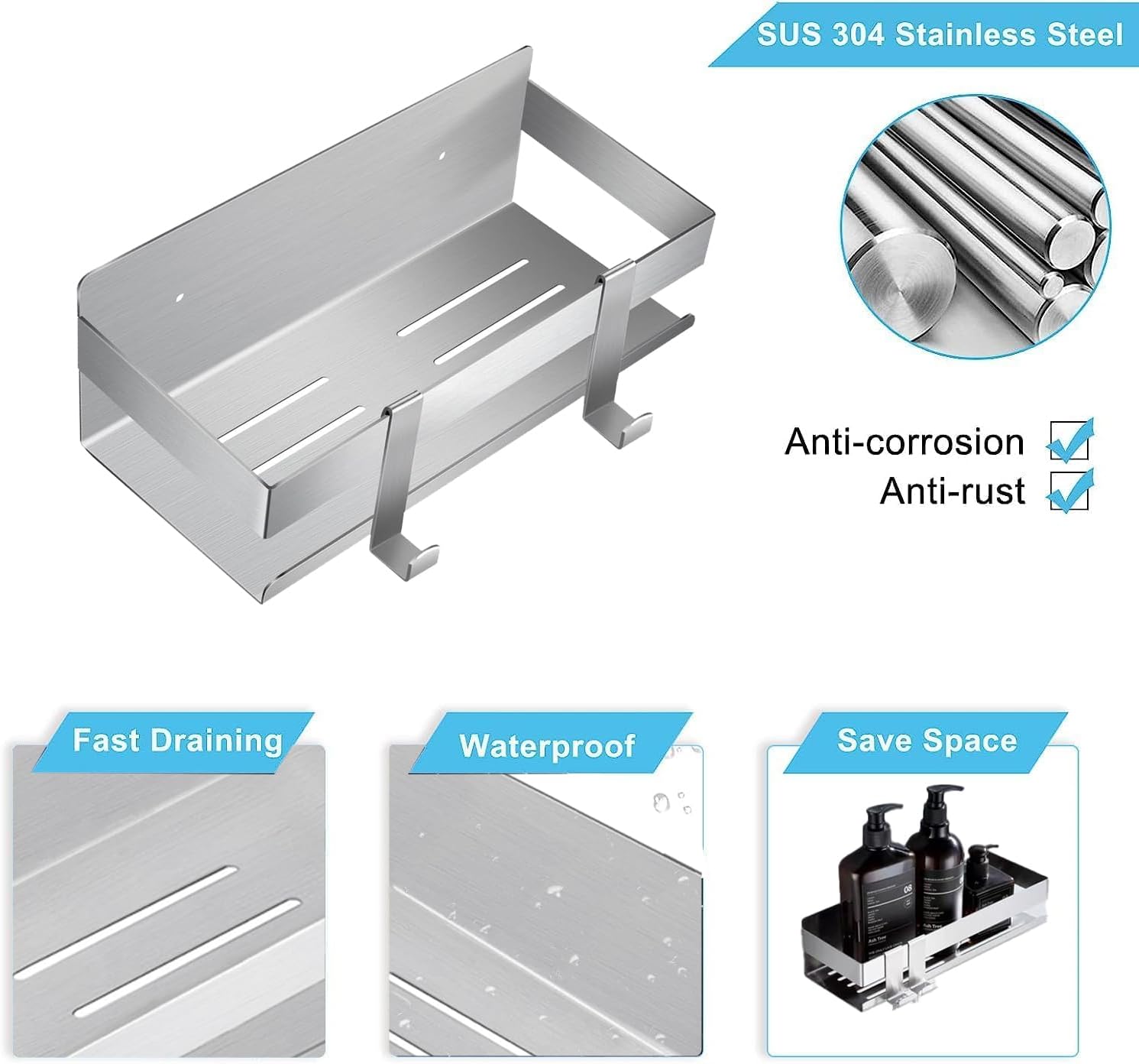 Shower Caddy,Bathroom Shelf Wall Mounted SUS 304 Stainless Steel Heavy Duty Shower Shelf With 2 pcs Hooks（Brushed Silver 15.8 Inch）