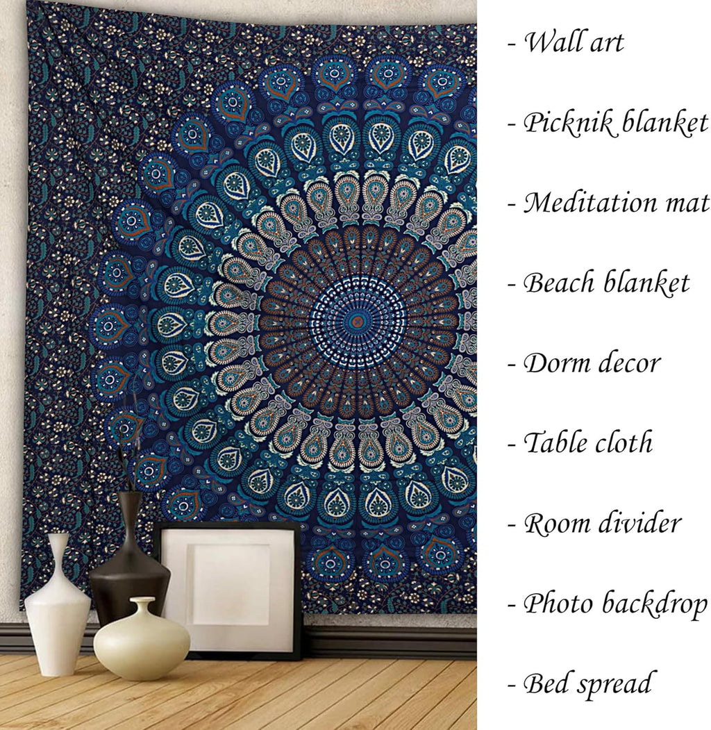 FURNISHFUL FINESSE Peacock Mandala Tapestry for Bedroom Indian Aesthetic Bohemian Wall Hangings Tapestries Hippie Tapestry Psychedelic Room Decor Bedspread Meditation Yoga Mat - 213x228 CM, Navy Blue