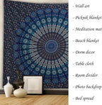 FURNISHFUL FINESSE Peacock Mandala Tapestry for Bedroom Indian Aesthetic Bohemian Wall Hangings Tapestries Hippie Tapestry Psychedelic Room Decor Bedspread Meditation Yoga Mat - 213x228 CM, Navy Blue