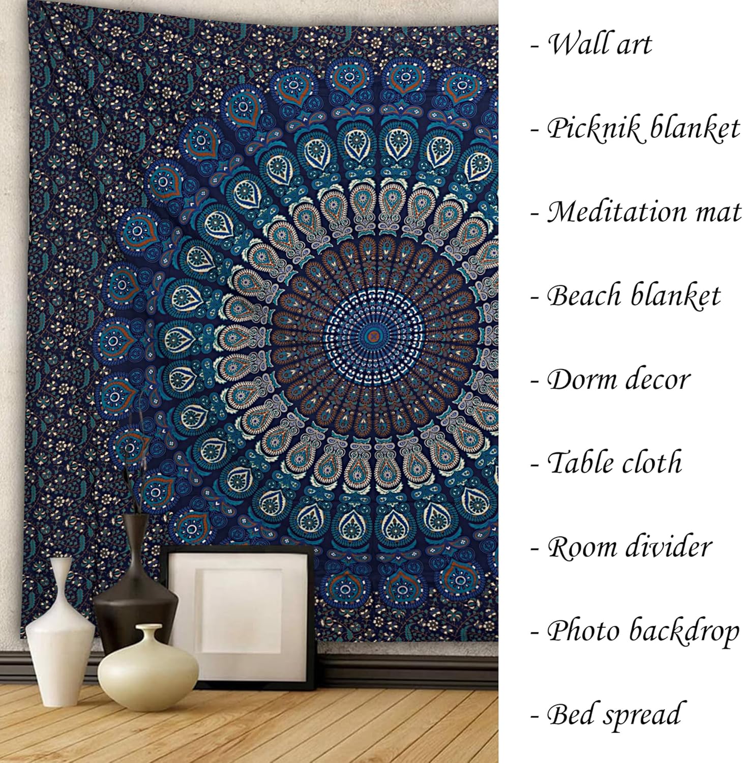 FURNISHFUL FINESSE Peacock Mandala Tapestry for Bedroom Indian Aesthetic Bohemian Wall Hangings Tapestries Hippie Tapestry Psychedelic Room Decor Bedspread Meditation Yoga Mat - 213x228 CM, Navy Blue