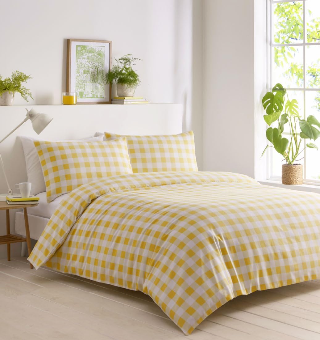 Gingham Duvet Sets Check Bedding Quilt Cover Pillow Cases (Yellow, Single) Main image