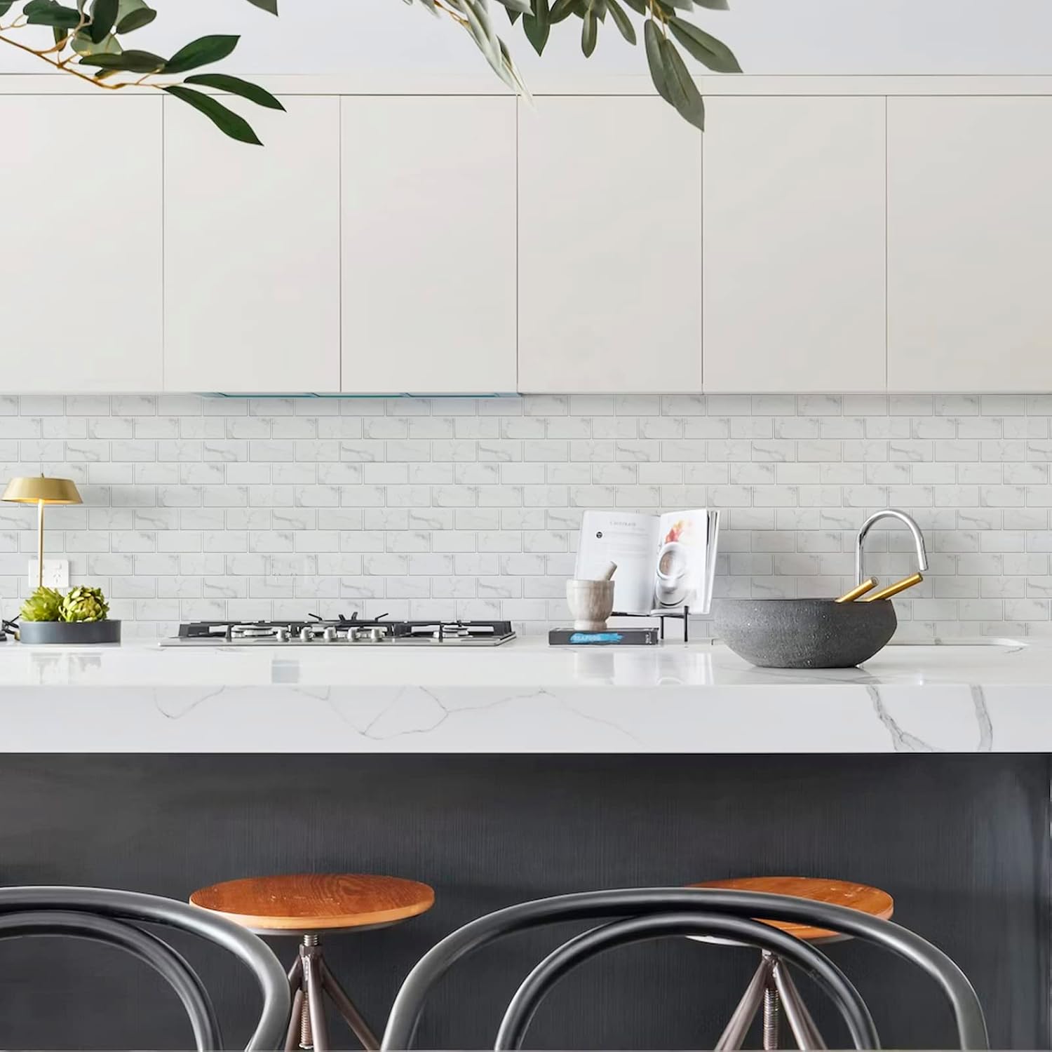 White Tile Stickers Vinyl Peel and Stick for Bathroom Kitchen 30x15cm 24Pcs Brick Self Adhesive Wall Tile Waterproof Stick on Backsplash for Living Room
