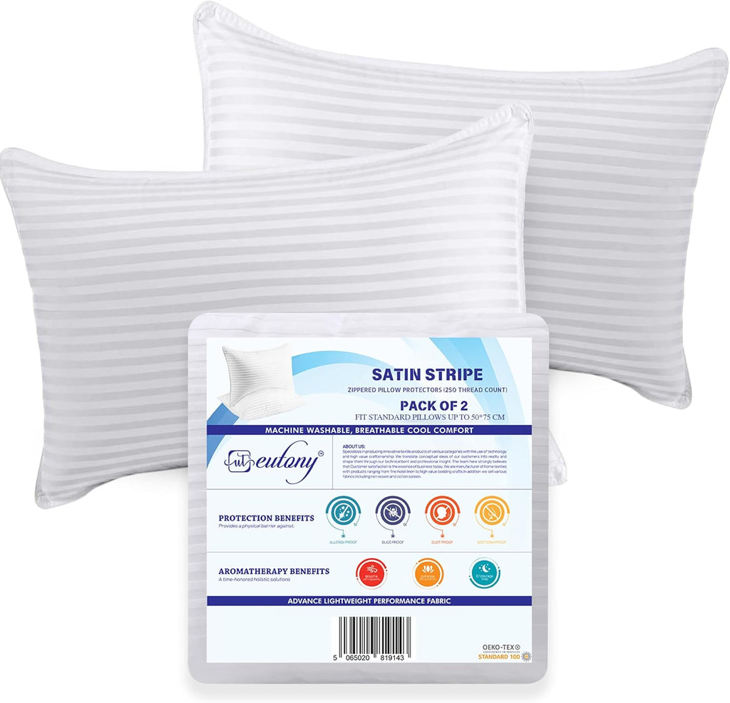 Eutony Pillow Protectors 2 Pack Satin Stripes - Ultra Luxe Zipped Pillow Protectors, Soft & Breathable Hypoallergenic 50 x 75cm - White