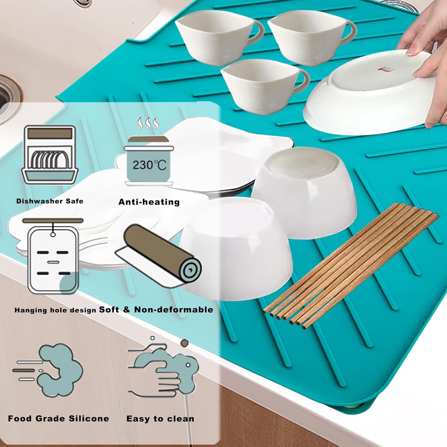 Dish Drying Mat, Silicone Dish Draining Mat with Double Hanging Hole, Thicken Self Drying Mat-Soft & Easy to Clean, Draining Board Mats for kitchen Counter-Green (15.7inch x 13.6 inch) Secondary image