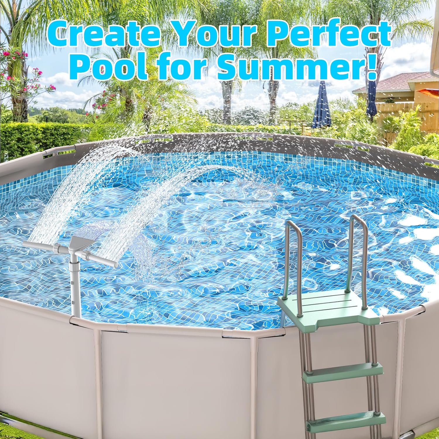 Pool Fountain for Above and In-Ground Pools, XJUGEZ 360° adjustable Dual Mode Waterfall pool sprinkler fountain, pressure and height adjustable pool accessories for ground pools, multi-size interfaces Secondary image