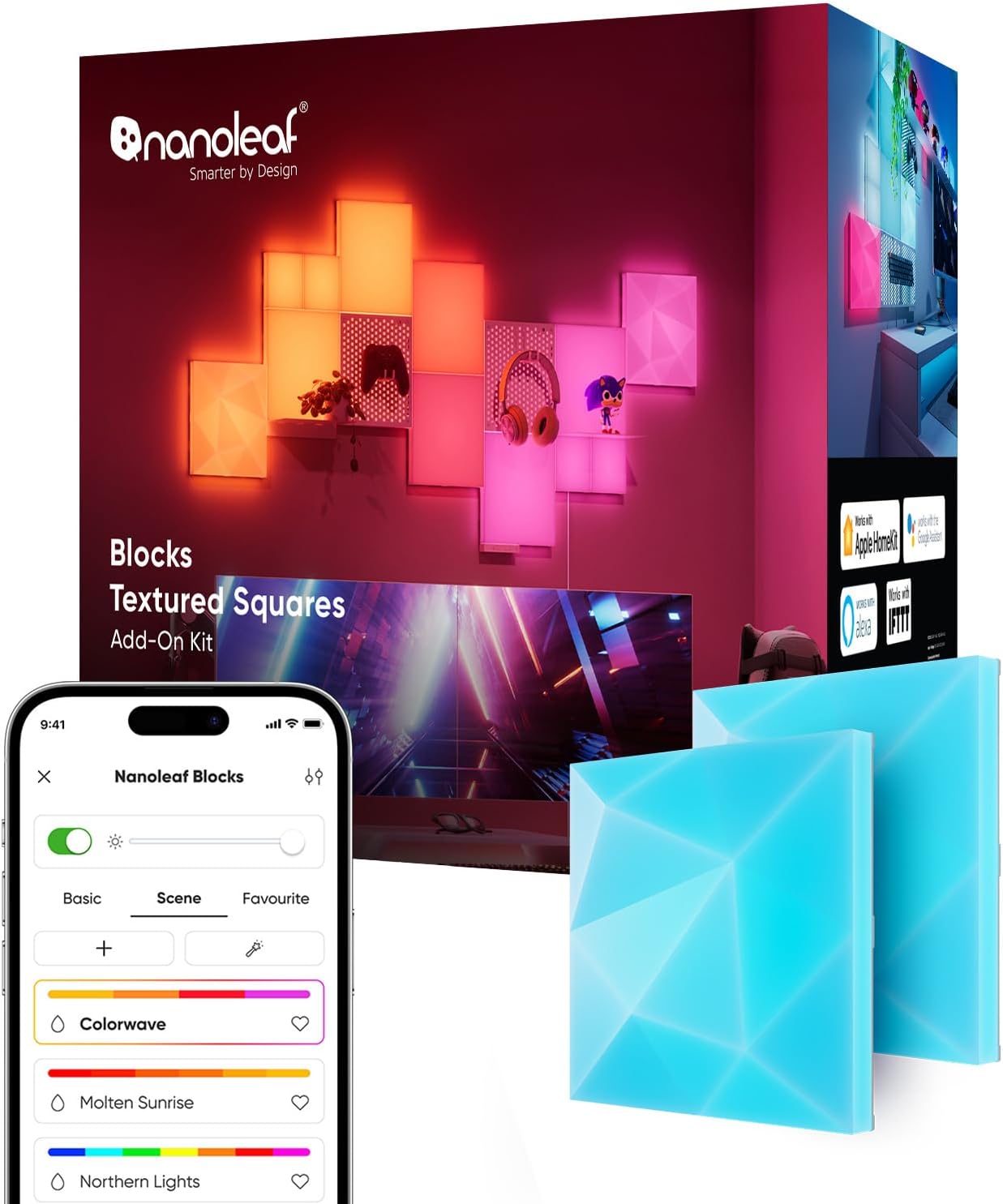 Blocks Expansion Kit | 2 Textured Squares, 3D Multi-Faceted RGBW Color-Changing Light Panel, Adjustable Colour Temperature 1200K-6500K, Soft Lighting (23.1 x 23.1 cm Each)