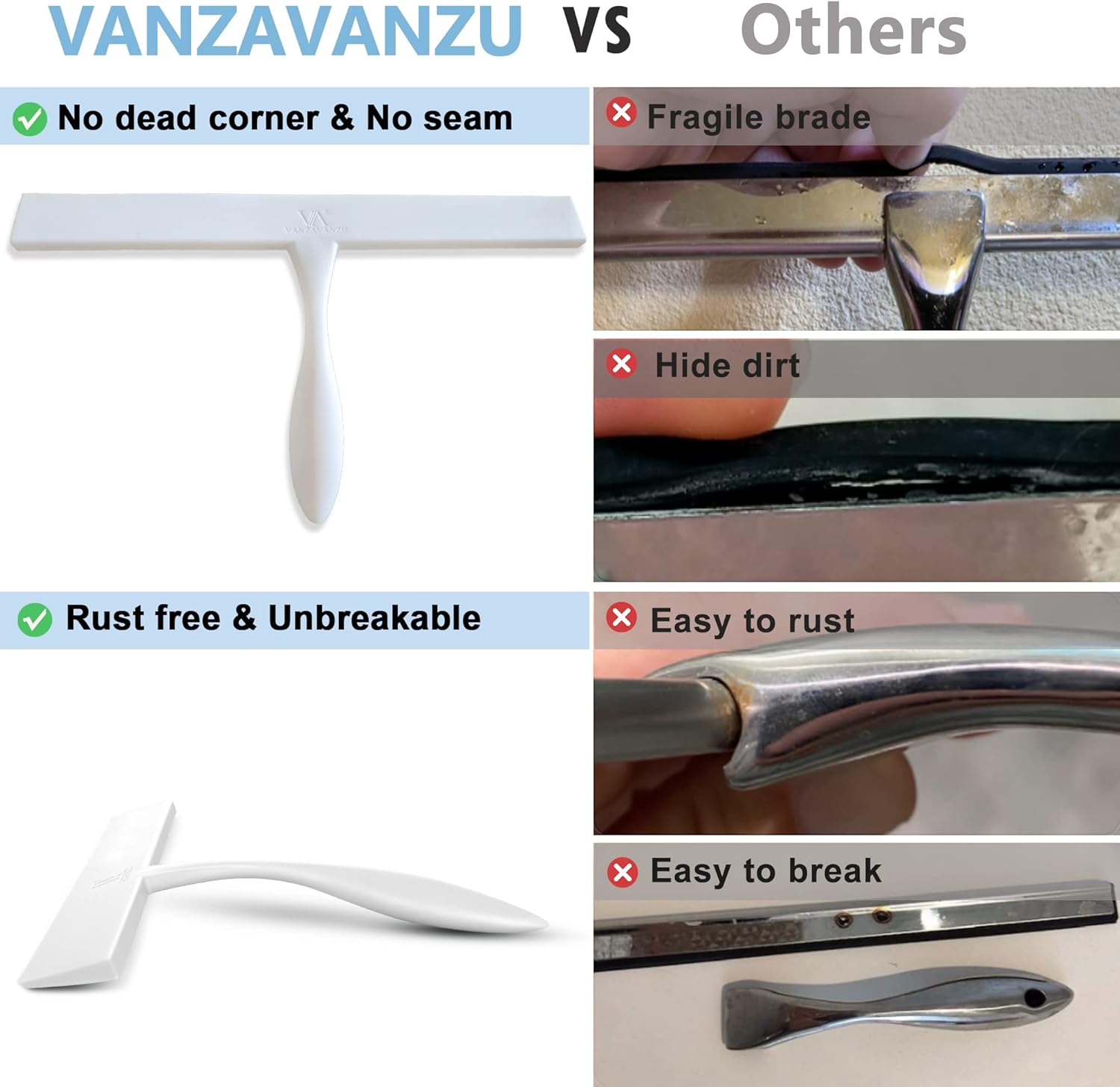 Shower Squeegee for Shower Glass Doors, Bathroom Squeegee for Shower, with No-Drilling Hanging Hook, Non-Slip Handle Silicone Squeegee for Mirror, Car, Window, Glass (White)