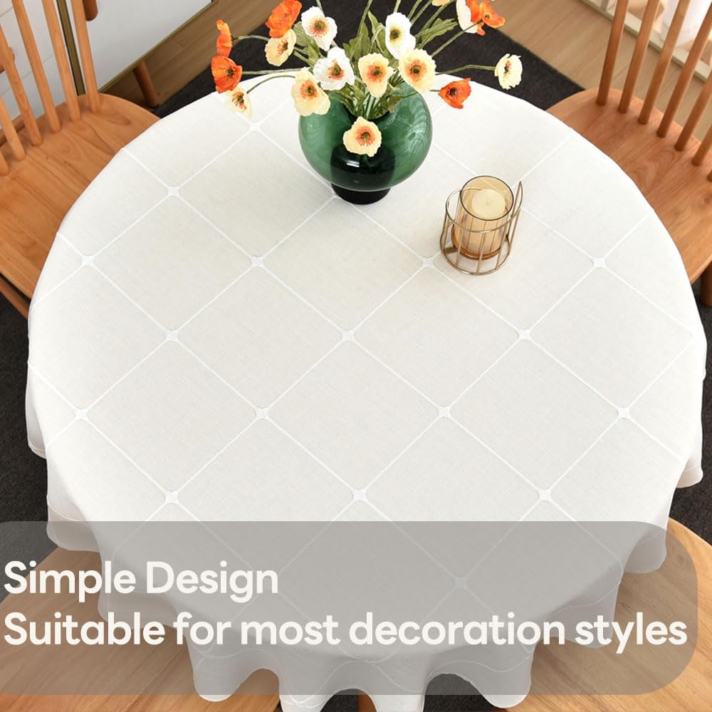 Round Table Cloth Heavy Duty Cotton Blend Tablecloth Solid Embroidery Lattice Table Cover Protector for Kitchen Dinning Tabletop Decoration (Beige, Round,135 cm in diamete)