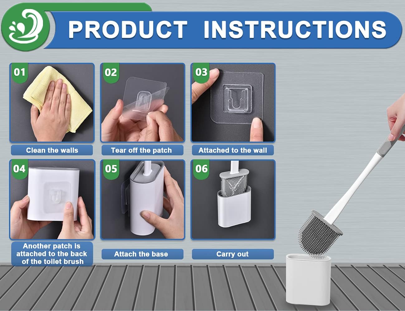 Silicone Toilet Brush with Quick Drying Holder Set -2Pack, Bathroom Toilet Brushes Set with No-Slip Silicone Handle & Anti-drip Base (Flooring/Wall Mounted) -White