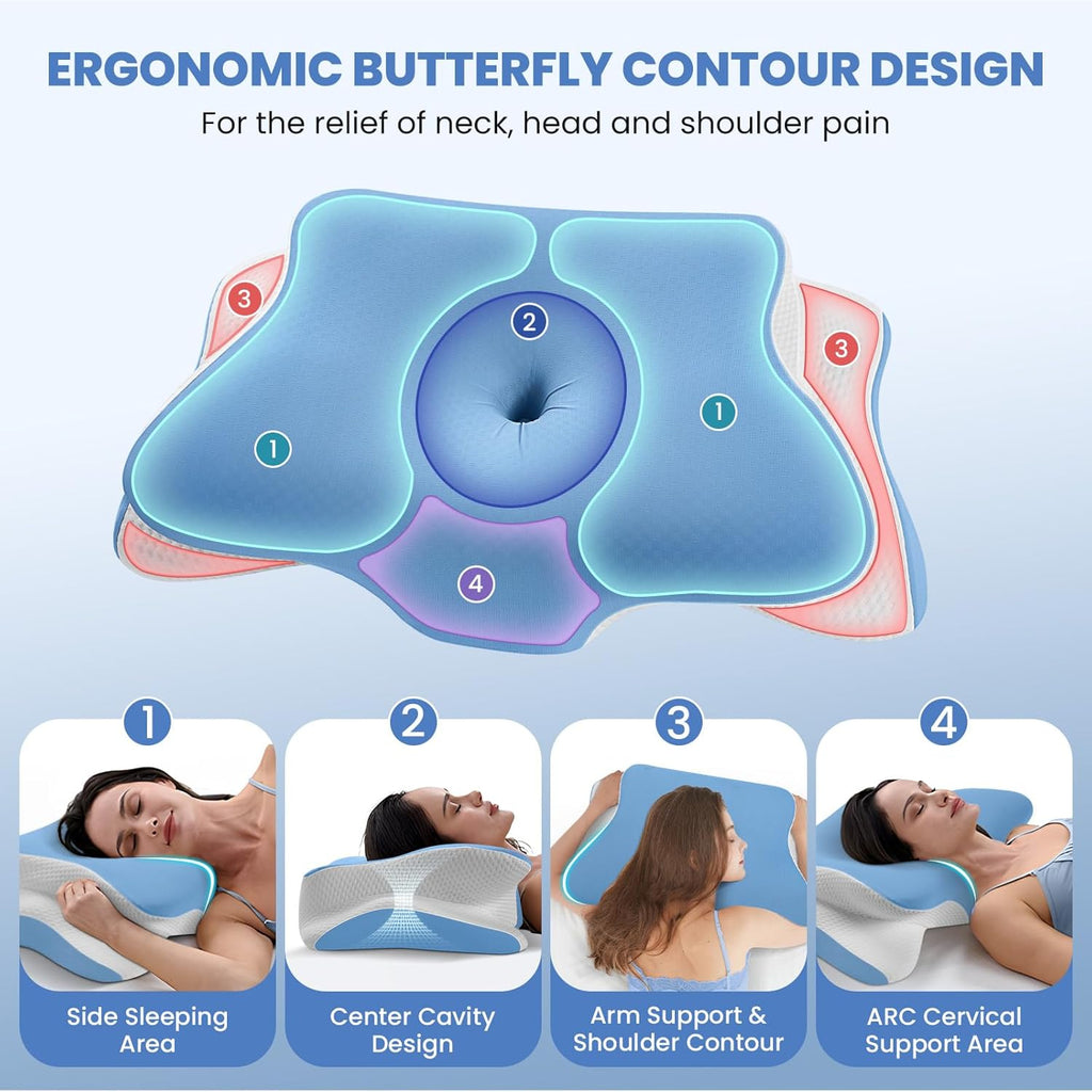 Memory Foam Pillow, Orthopedic Ergonomic Pillows for Neck and Shoulder Pain, Cervical Neck Support for Side/Back/Stomach Sleepers, with Cooling Washable Silk Pillowcase, Blue