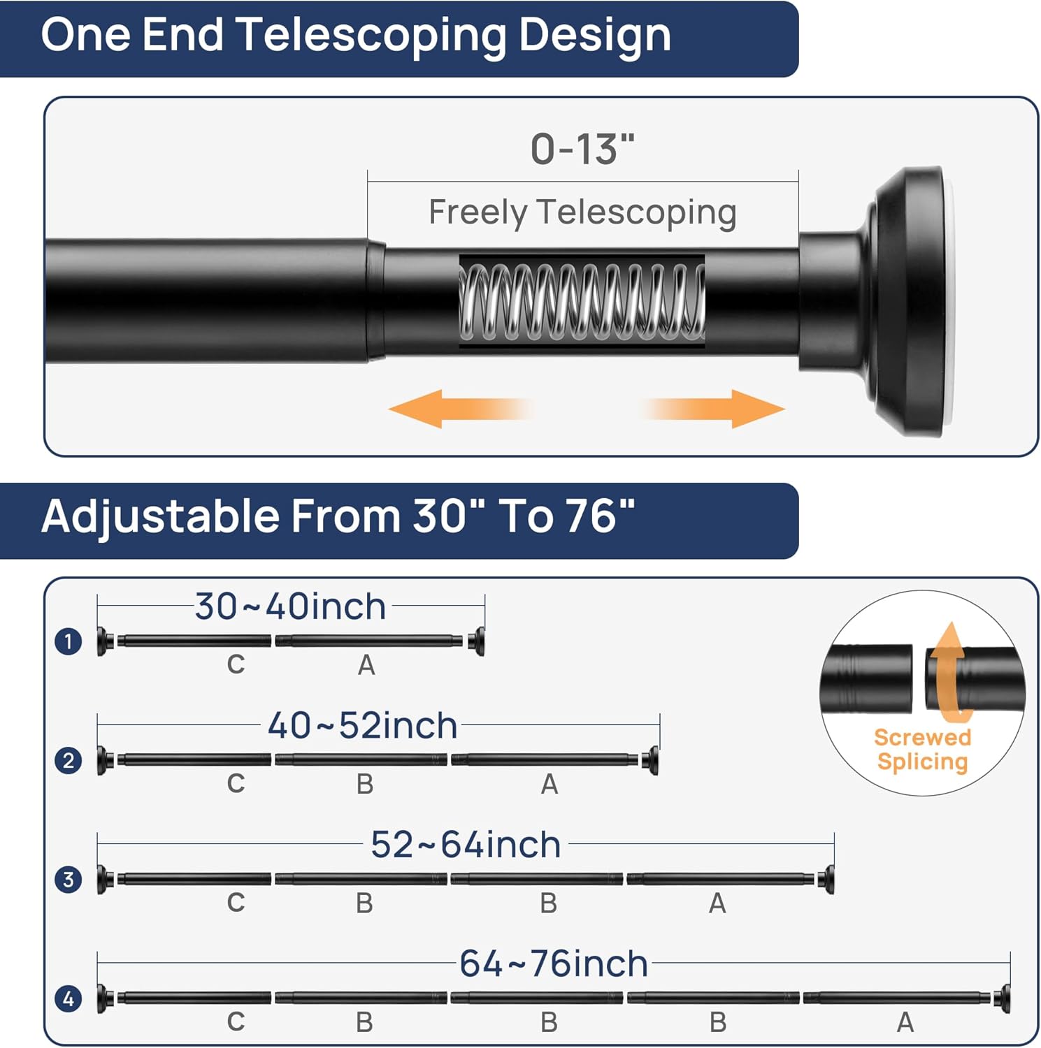 Matte Black Shower Curtain Pole 84 to 183 cm, 1 Inch Extendable Tension Rods for Curtains No Drill, Shower Rail for Bathroom, Closet, Window, Room Divider, Never Rust, Non Slip Secondary image