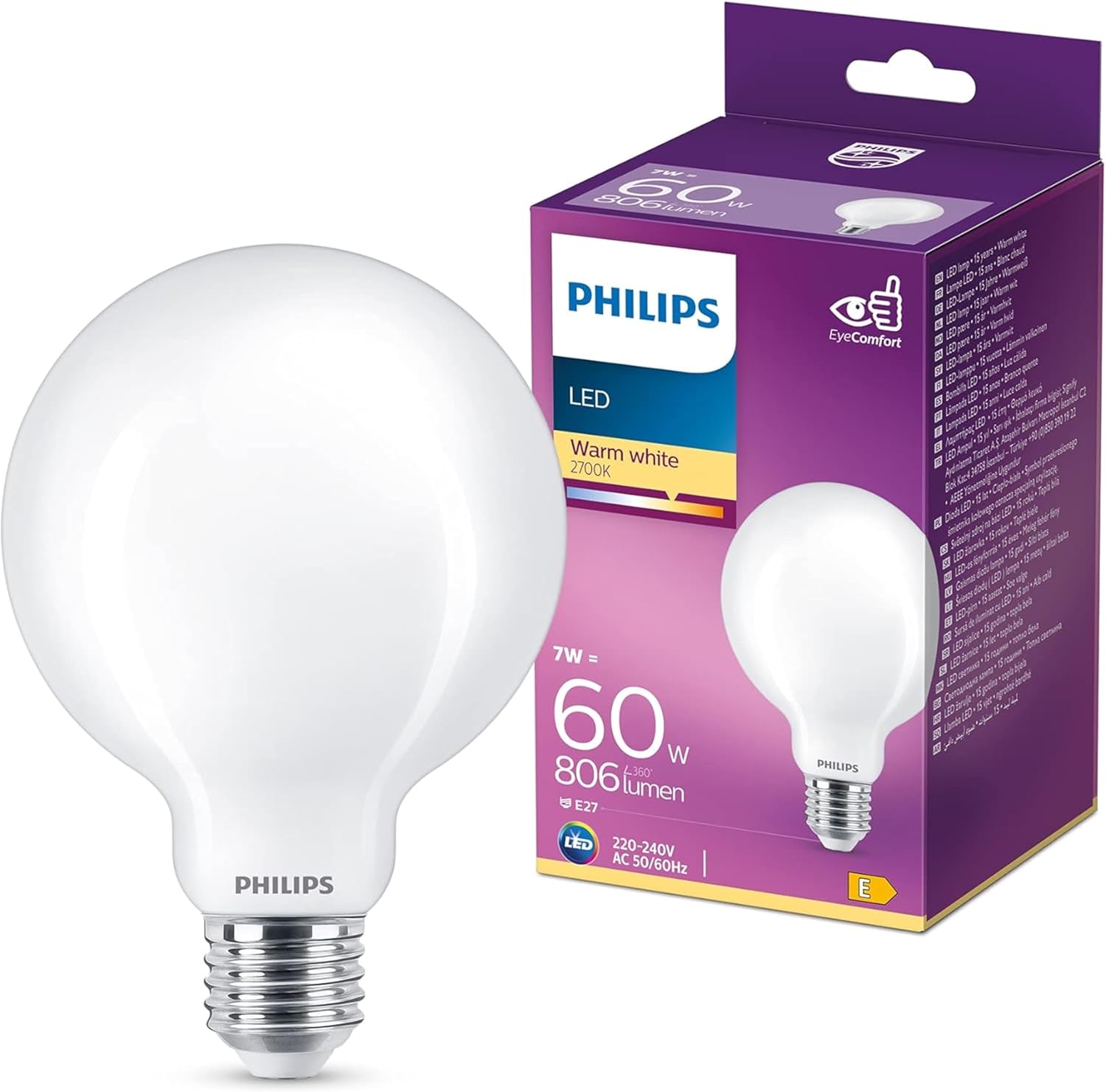 LED Premium Frosted G93 Globe Light Bulb [E27 Edison Screw] 7W - 60W Equivalent, Warm White (2700K), Non Dimmable Main image