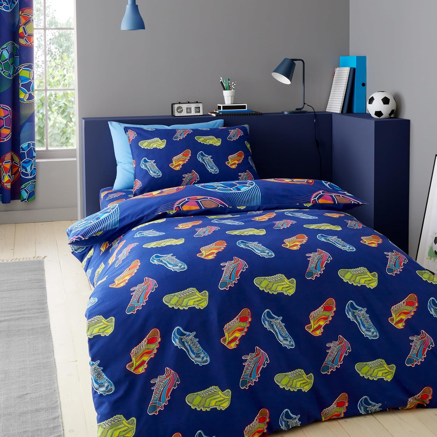 Bright Football Reversible Double Duvet Cover Set with Pillowcases Navy