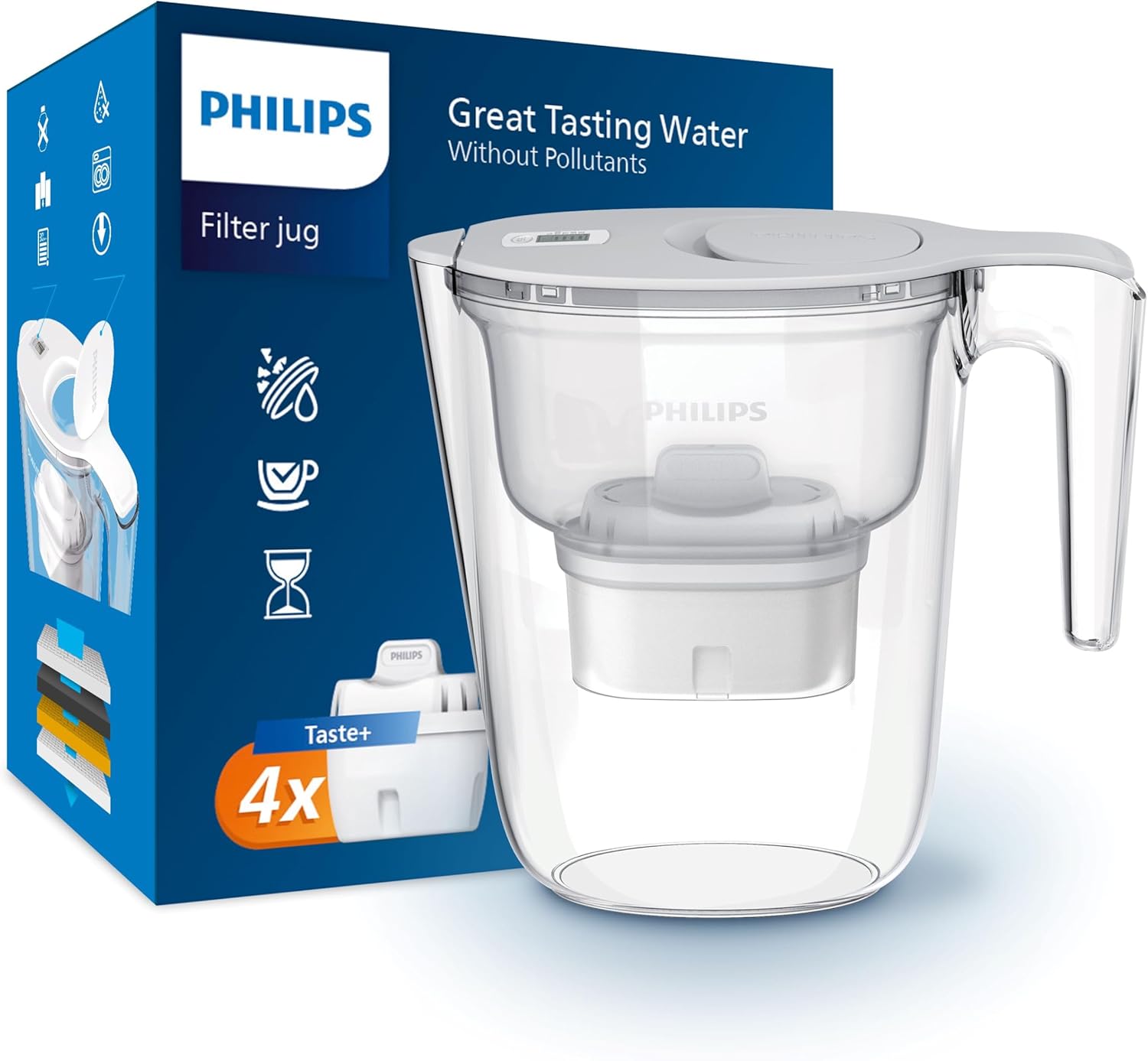 Water Filter Jug +4 Taste+ Replacement Filter Cartridges, Fast flow, White, 2.6 litres, Electronic timer, Packaging May Vary Main image