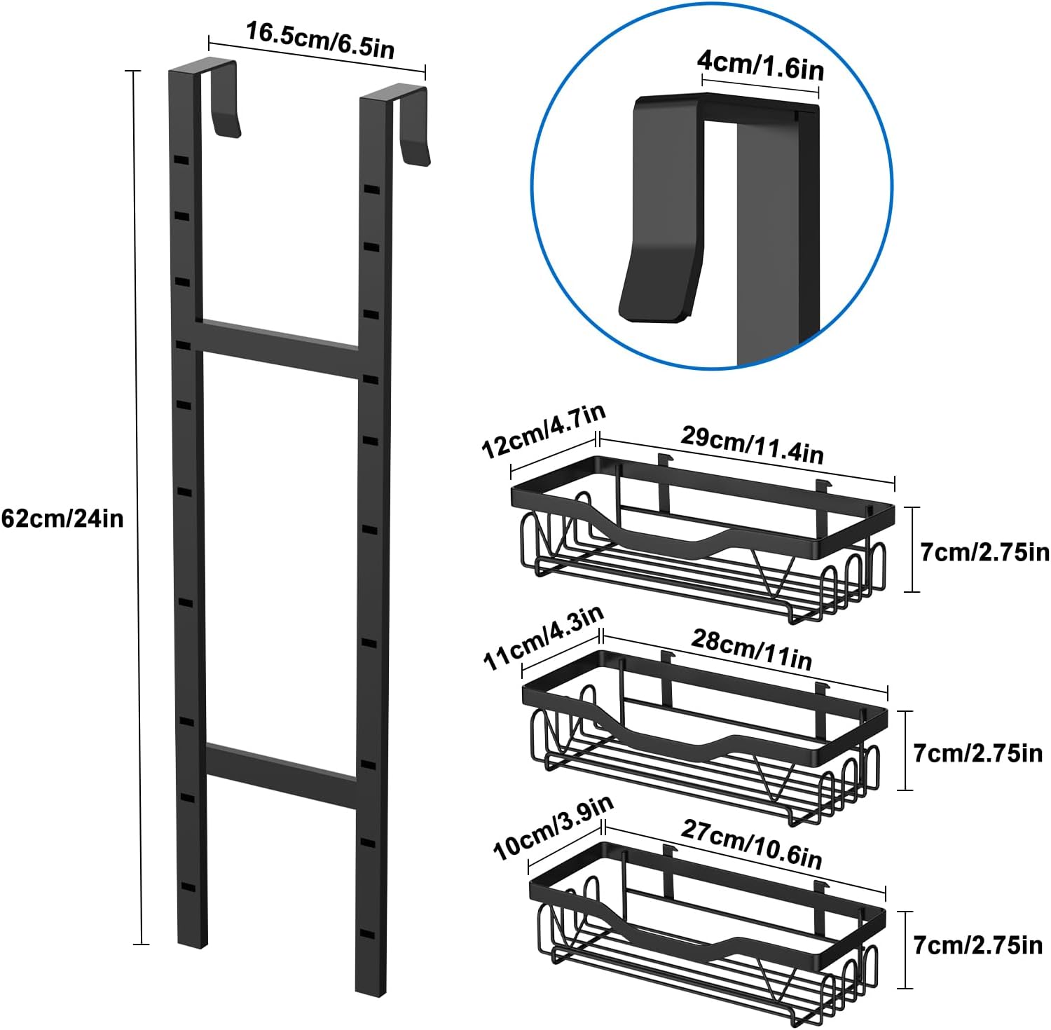 Hanging Shower Caddy, Over Door Shower Shelf 3 Layers, Bathroom Shelves No Drilling (Black - 3 layers)
