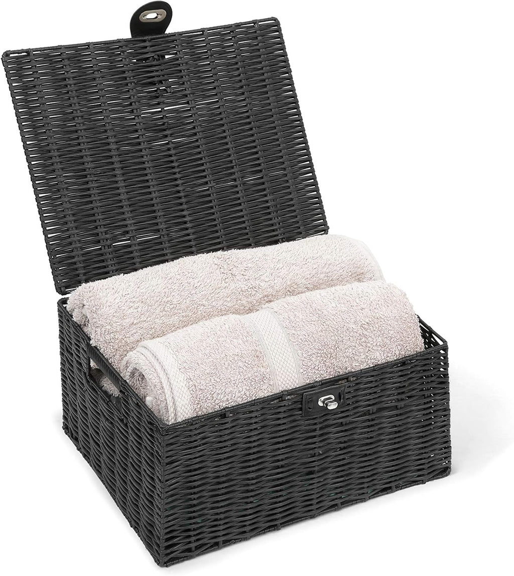 Large Resin Woven Storage Basket Box With Lid & Lock - Black