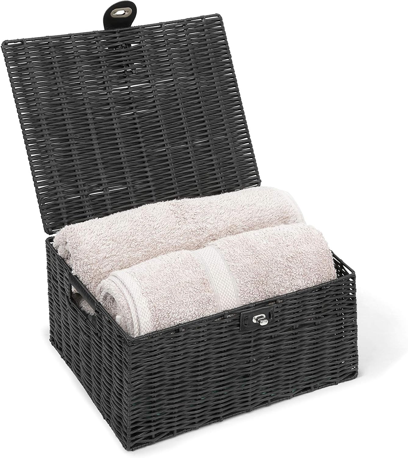 Large Resin Woven Storage Basket Box With Lid & Lock - Black