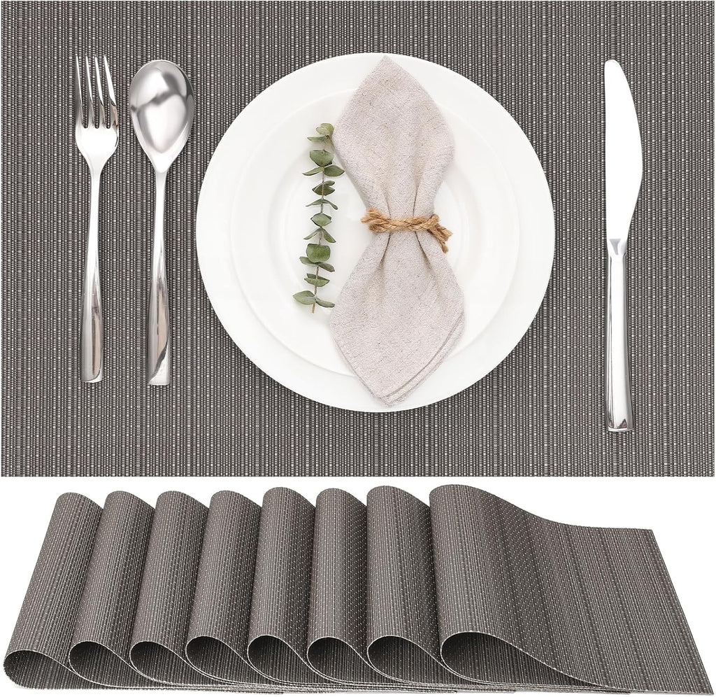 Table Mats Set of 8, Place Mats Table Placemats Washable Non-slip Heat Insulation Woven Vinyl for Kitchen Dinning Restaurant 17"X12" (Dark Gray)