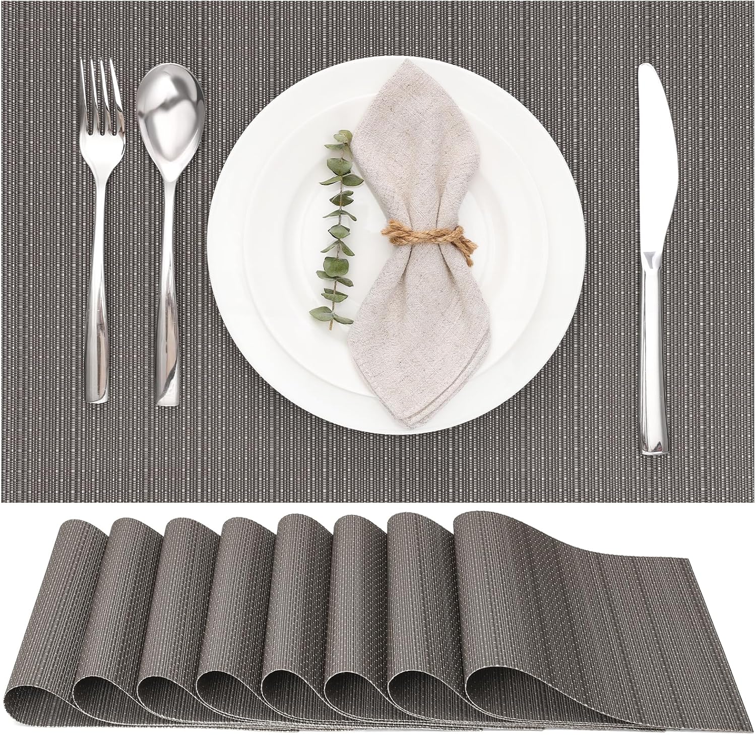 Table Mats Set of 8, Place Mats Table Placemats Washable Non-slip Heat Insulation Woven Vinyl for Kitchen Dinning Restaurant 17"X12" (Dark Gray)