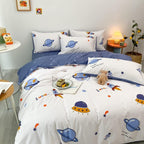 HAVOP 100% Cotton Duvet Cover Double Size Kids Boys Girls Cartoon Space Bedding Set Rocket Planet Stars Printed Quilt Cover Set White And Blue All Season Bedding Set, 200×200 cm