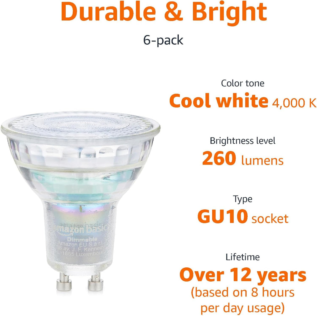 Professional LED GU10 Spotlight Bulb, 3.7W (equivalent to 35W) Cool White, Dimmable (6-Pack)