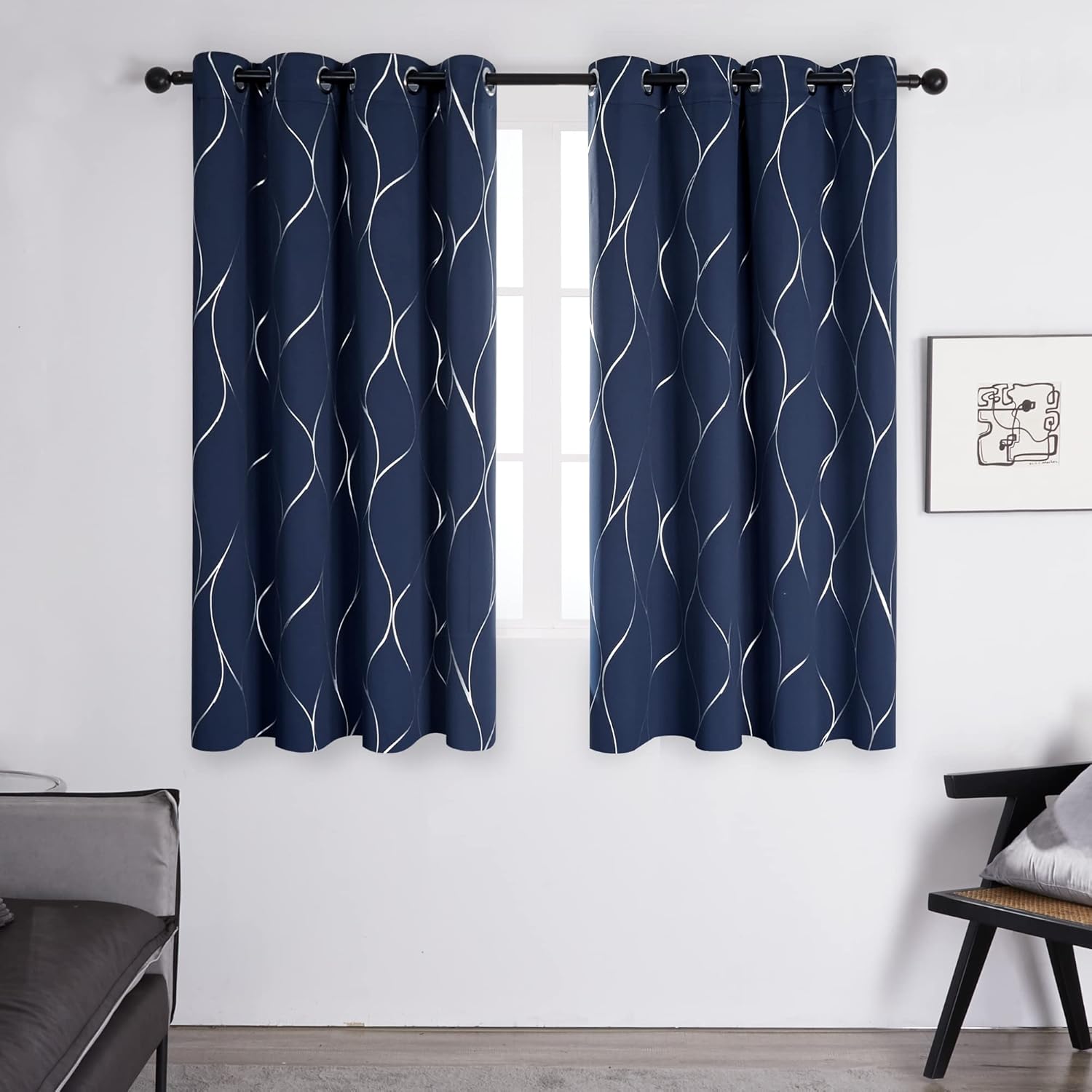 Eyelet Curtains, Blackout Curtains, Home Decoration Thermal Insulated Wave Line Foil Printed Material Curtains for Bedroom Windows, 46 x 54 Inch(Width x Length), Navy Blue, one pair