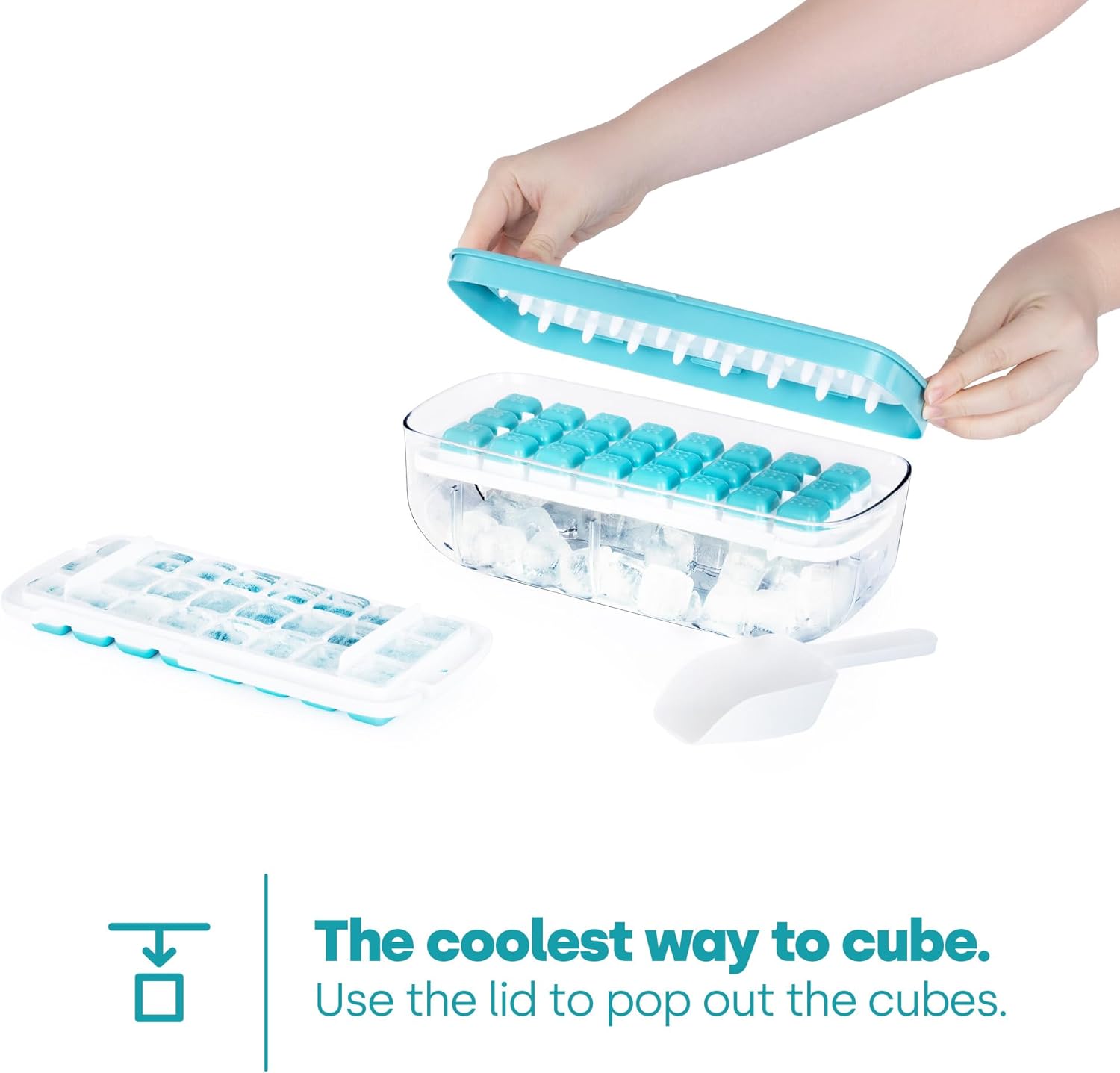 Ice Cube Tray with Lid Dispenser & Storage - Reusable BPA Free Easy Press Release 48 Ice Cube Moulds - 2 Tray with Dispenser, Ice Bucket & Scoop