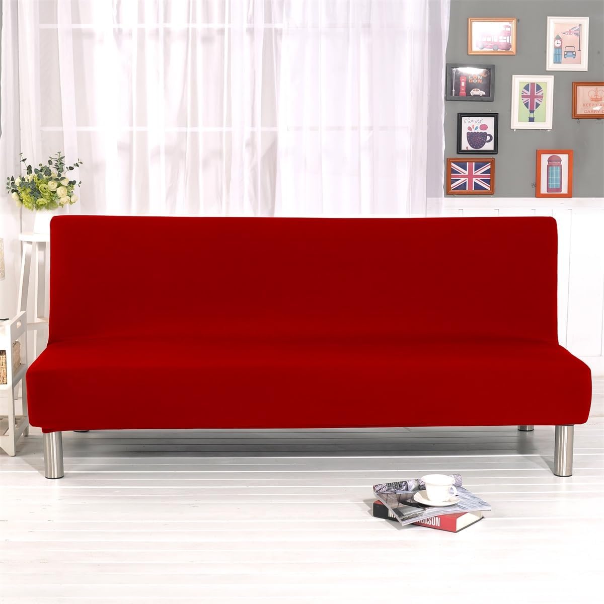 Solid Colour Armless Sofa Bed Cover Polyester Spandex Stretch Futon Slipcover Protector 3 Seater Elastic Full Folding Couch Sofa Cover fits Folding Sofa Bed without Armrests 80" x 50" in…
