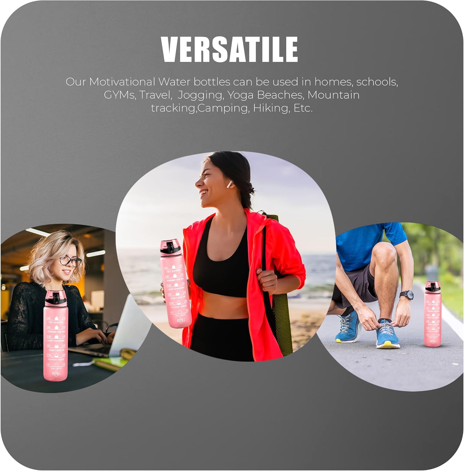 Water Bottle 1L, Sports Water Bottle with Time Markings, BPA-Free, Leak-Proof Drinks Bottle, Perfect for Running, Cycling, Gym, Yoga, Camping and Outdoor Activities, Pink