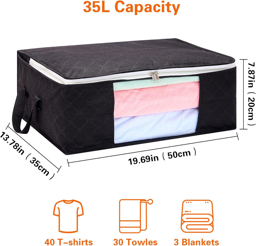 2 Pack Clothes Storage Bags 35L Large Capacity Clothing Organizers with Reinforced Handles Thick Breathable Fabric Foldable Underbed Containers for Bedding Comforter Blanket Black
