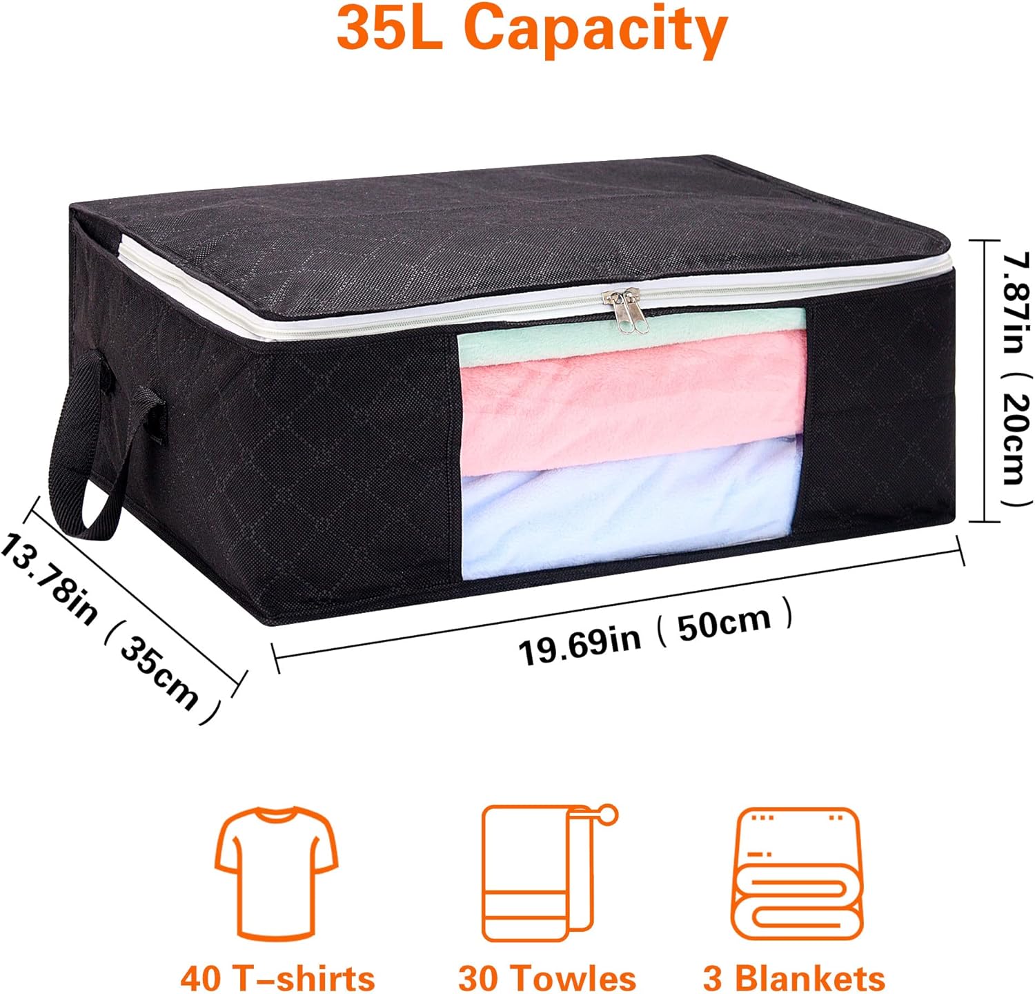 2 Pack Clothes Storage Bags 35L Large Capacity Clothing Organizers with Reinforced Handles Thick Breathable Fabric Foldable Underbed Containers for Bedding Comforter Blanket Black